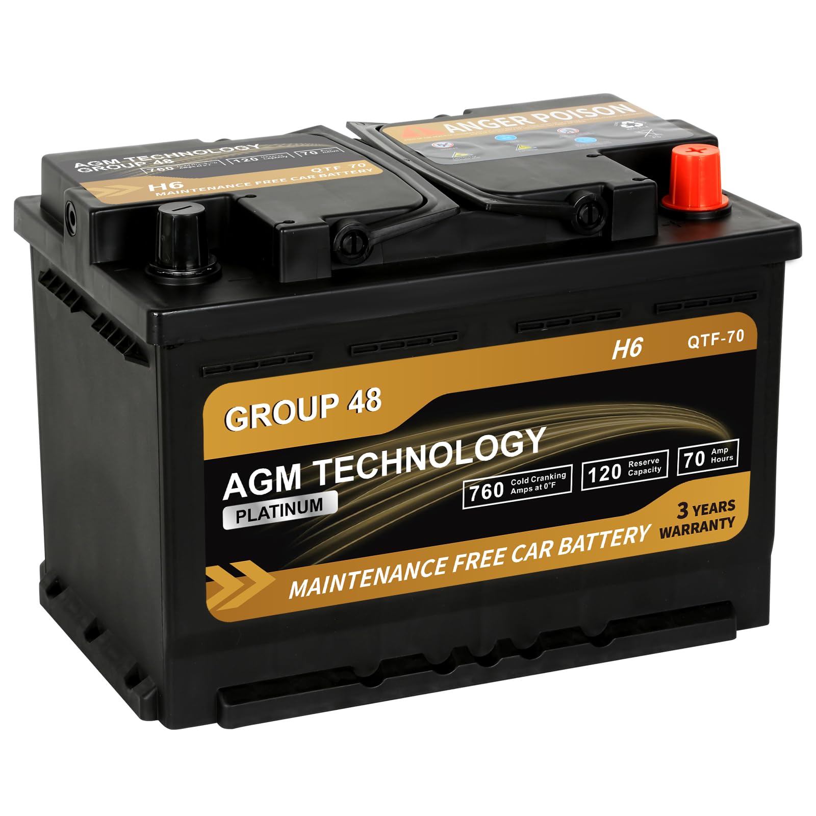 Daakmax Platinum AGM Car Battery Group Size 48 H6, 12V 70Ah, 760 CCA, 120 RC, Rechargeable Start-Stop Automotive Battery with 36