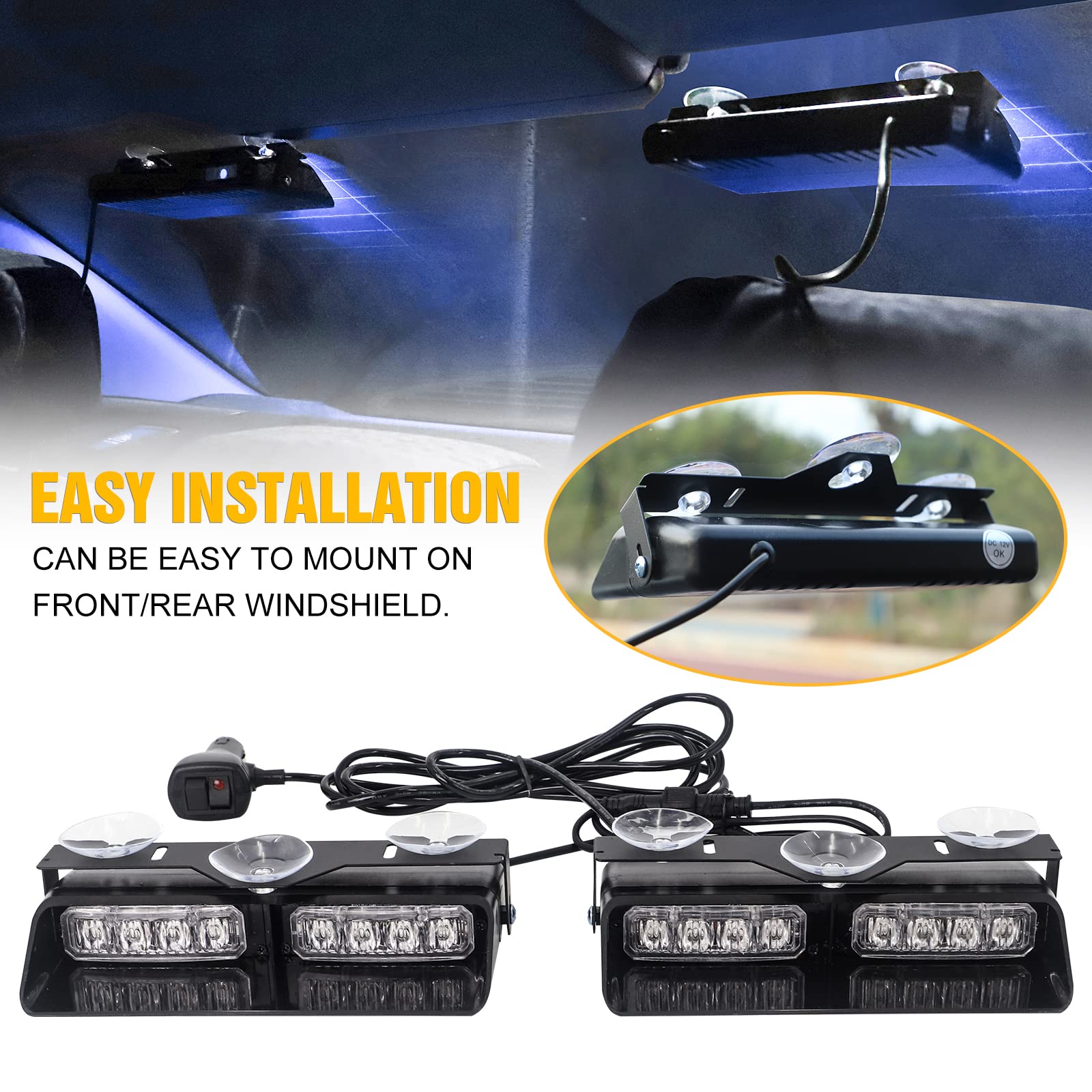 Xridonsen 2 In 1 Blue Emergency Dash Strobe Lights Warning Safety Flashing Interior Windshield Lights W/Suction Cups For Ambulan
