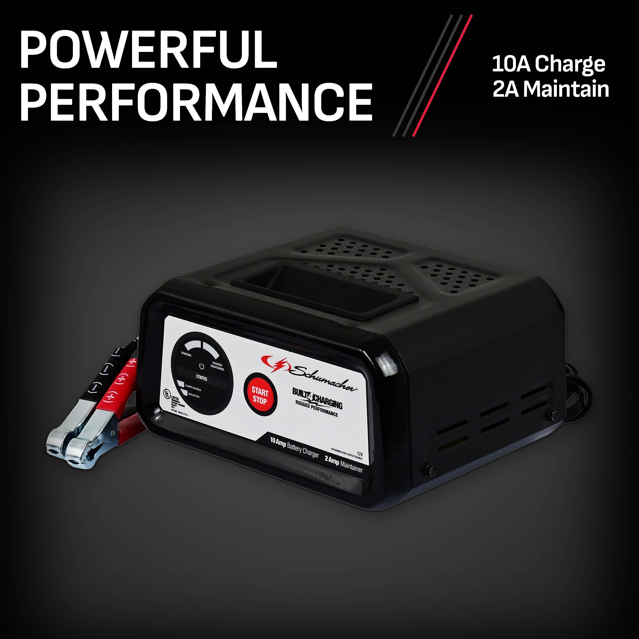 Schumacher SC1282 Fully Automatic Battery Charger 10A/2A 12V - Black for Automotive, Marine, and Power Sport Batteries