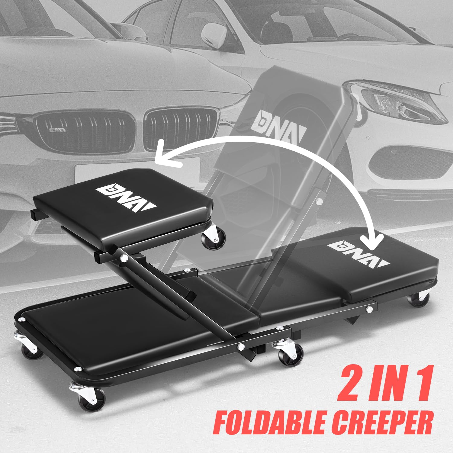 Dna Motoring 36 Inches Folding 2 In 1 Rolling Z Creeper, Adjustable Roller Garage Chair Lay Down Or Sit, 6 Pcs Casters, 330 Lbs