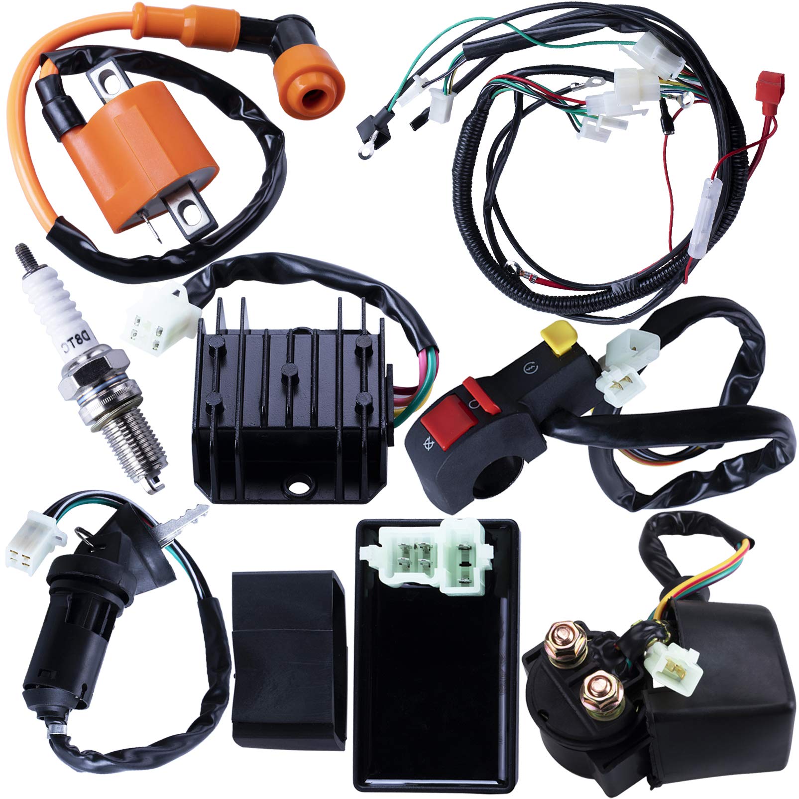 Full Electrics Wiring Harness Coil Ignition Switch CDI Solenoid Relay Spark Plug for 4 Wheelers Stroke ATV 150cc 200cc 250cc Qua