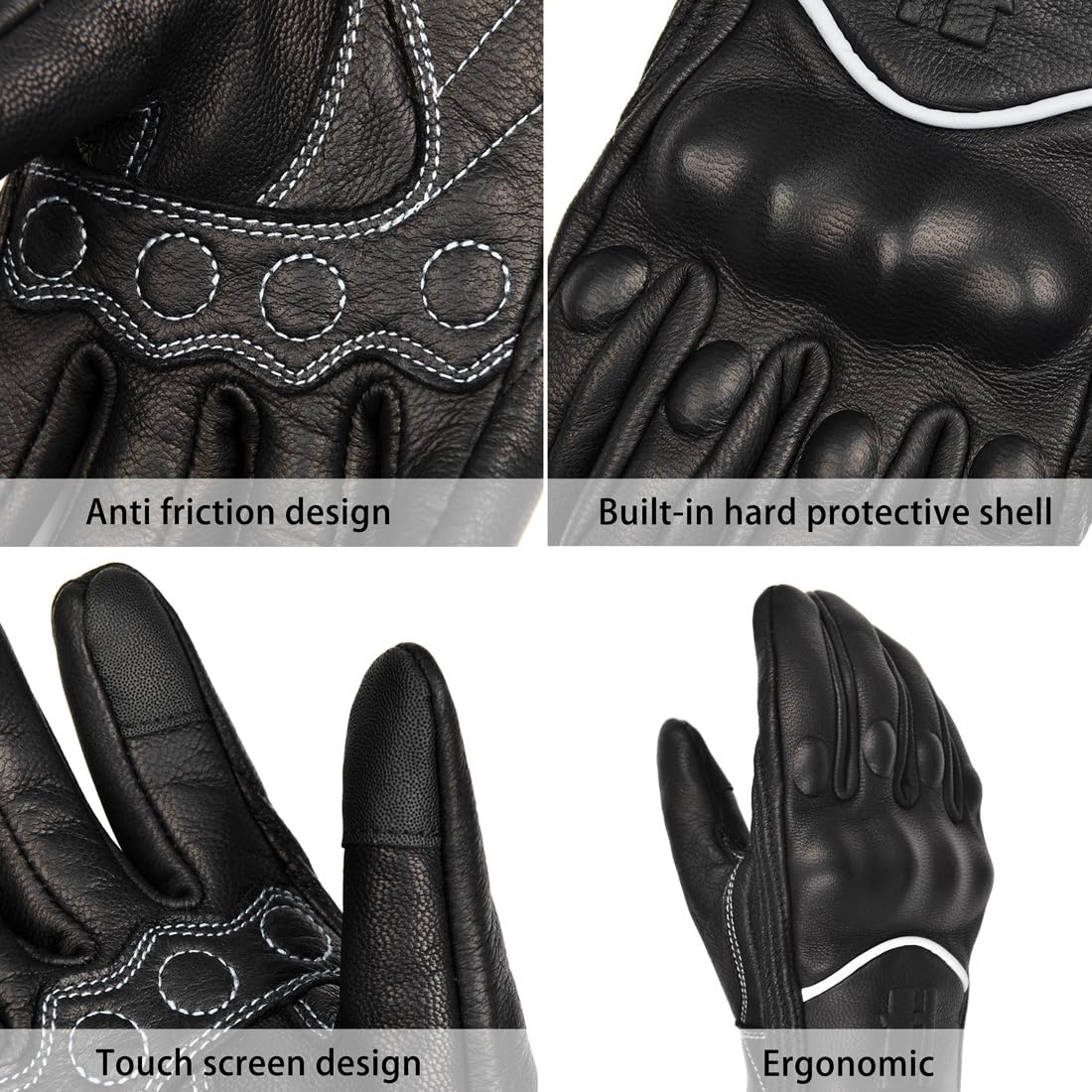 Harssidanzar Leather Motorcycle Gloves For Men Touchscreen Riding Driving Gloves Gm028, Black/White, Size Small