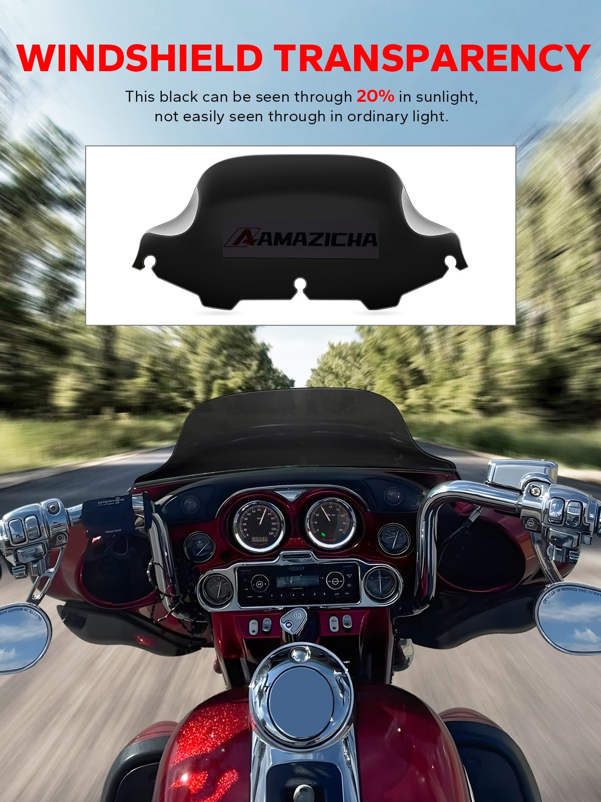 Amazicha 8" Black Wave Windshield for 1996-2013 Harley Davidson Touring Models FLHT FLHX FLHTK FLHTC FLHTCU