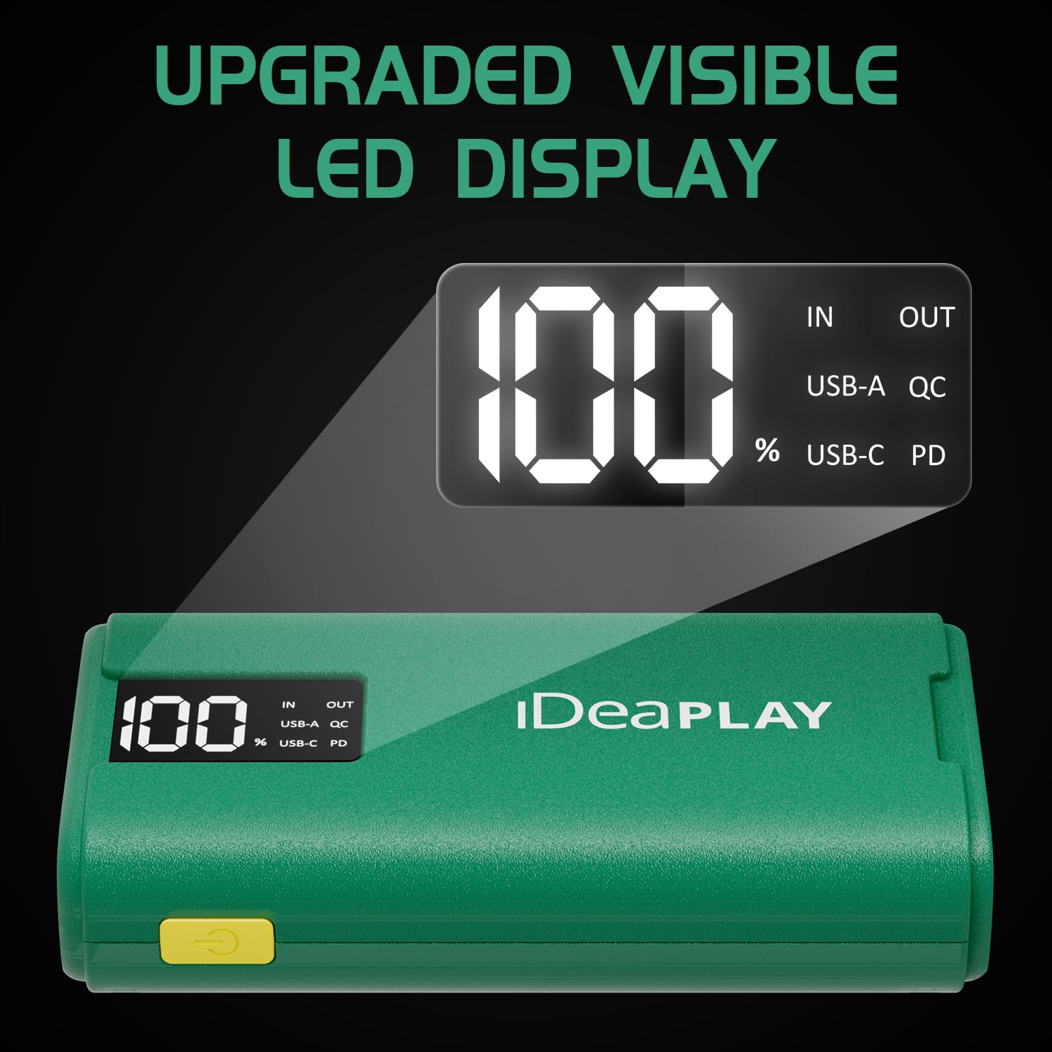 IDEAPLAY J10 Jump Starter - 2000A Portable Car Battery Jumper for 8.0L Gas & 7.0L Diesel Engines, Green, Type C Fast Charging, LED