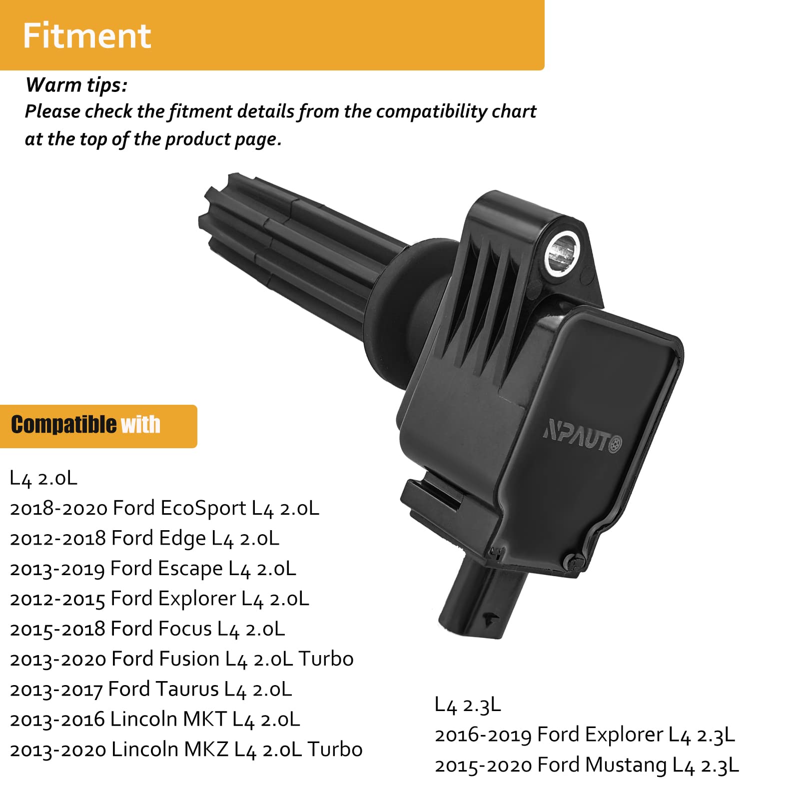 Ignition Coil Pack Set Of 4 Fit For 2.0 2.3 Turbo 2013 2014 2015 2016 2017 2018 2019 Ford Escape, Ford Focus, Ford Fusion, Ford Explorer, Ford Edge Mustang Taurus, Lincoln Mkt Mkc, Ecoboost, Uf670