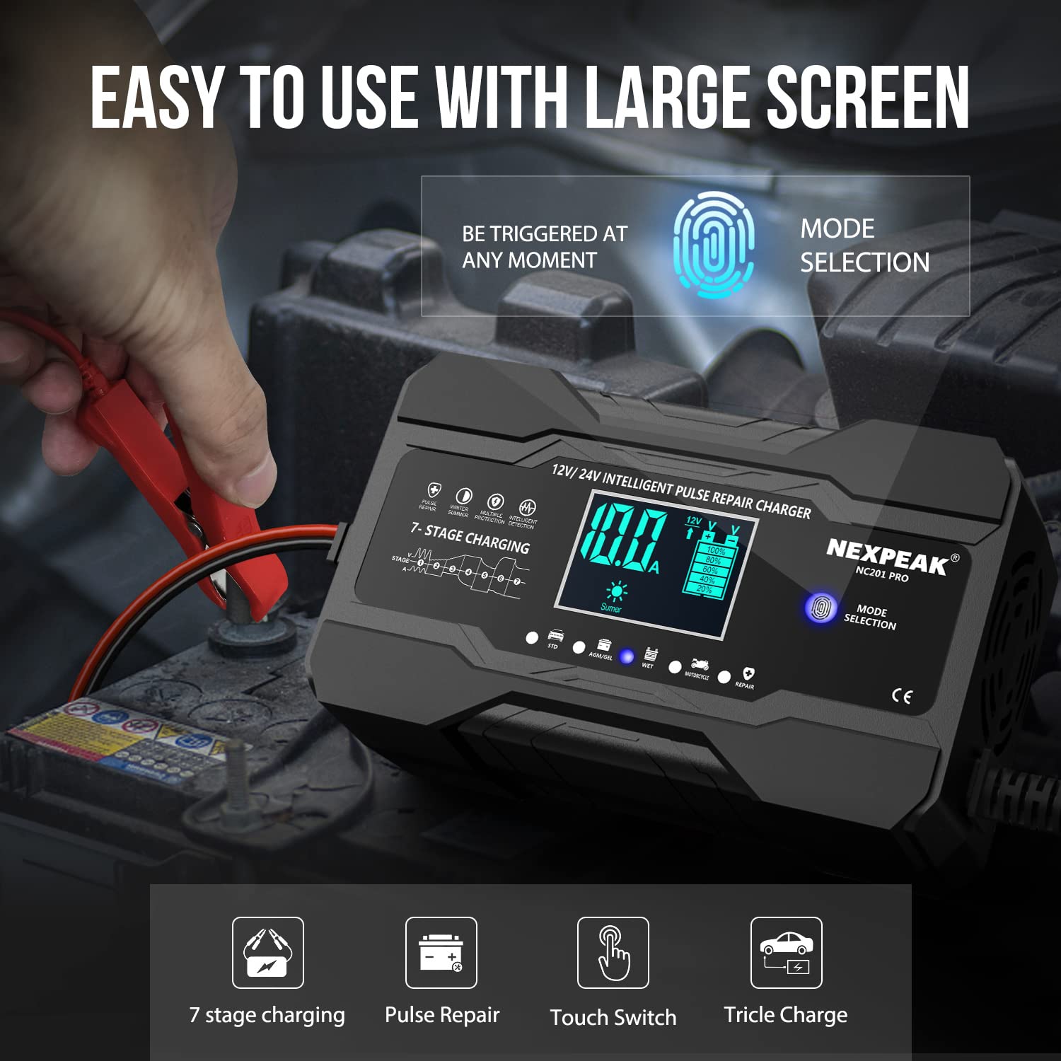 NEXPEAK 10-Amp Smart Car Battery Charger, 12V/24V Automatic Maintainer for Lead Acid Batteries - Black