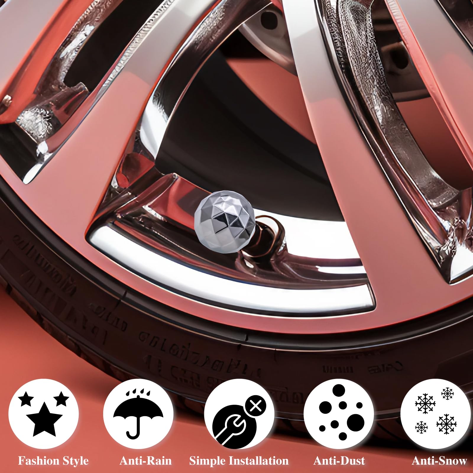 Meajoo 4Pcs Bling Ball Style Tire Valve Stem Caps, Air Caps Cover, With Rubber O-Ring, Palstic Air Leakproof Valve Caps Cover Fi