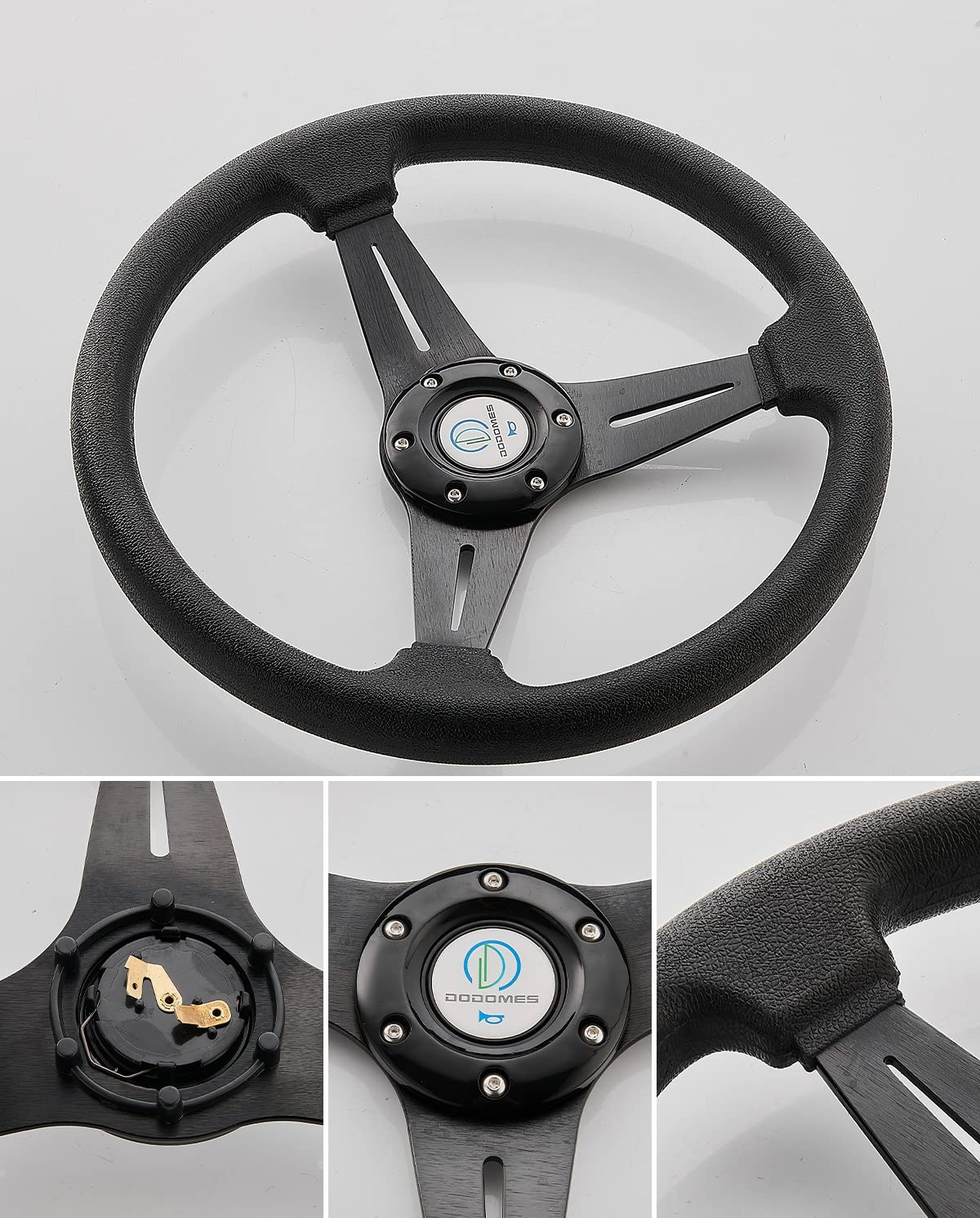 Dodomes Racing Golf Cart Steering Wheel, 13.8" Black Vinyl/Leather, Aluminum, Model DomSW3B, Universal Fit for EZGO/Yamaha
