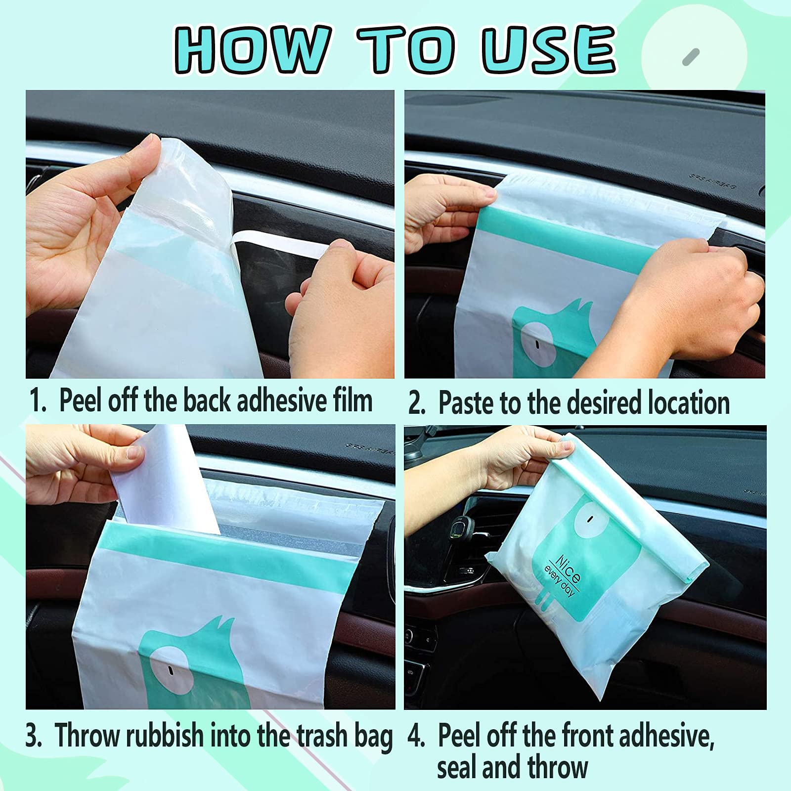 52Pcs Car Trash Bags Easy Stick-On Disposable Portable Car Garbage Bags, Waterproof Leak Proof Barf Vomit Bags, Self Adhesive Cl