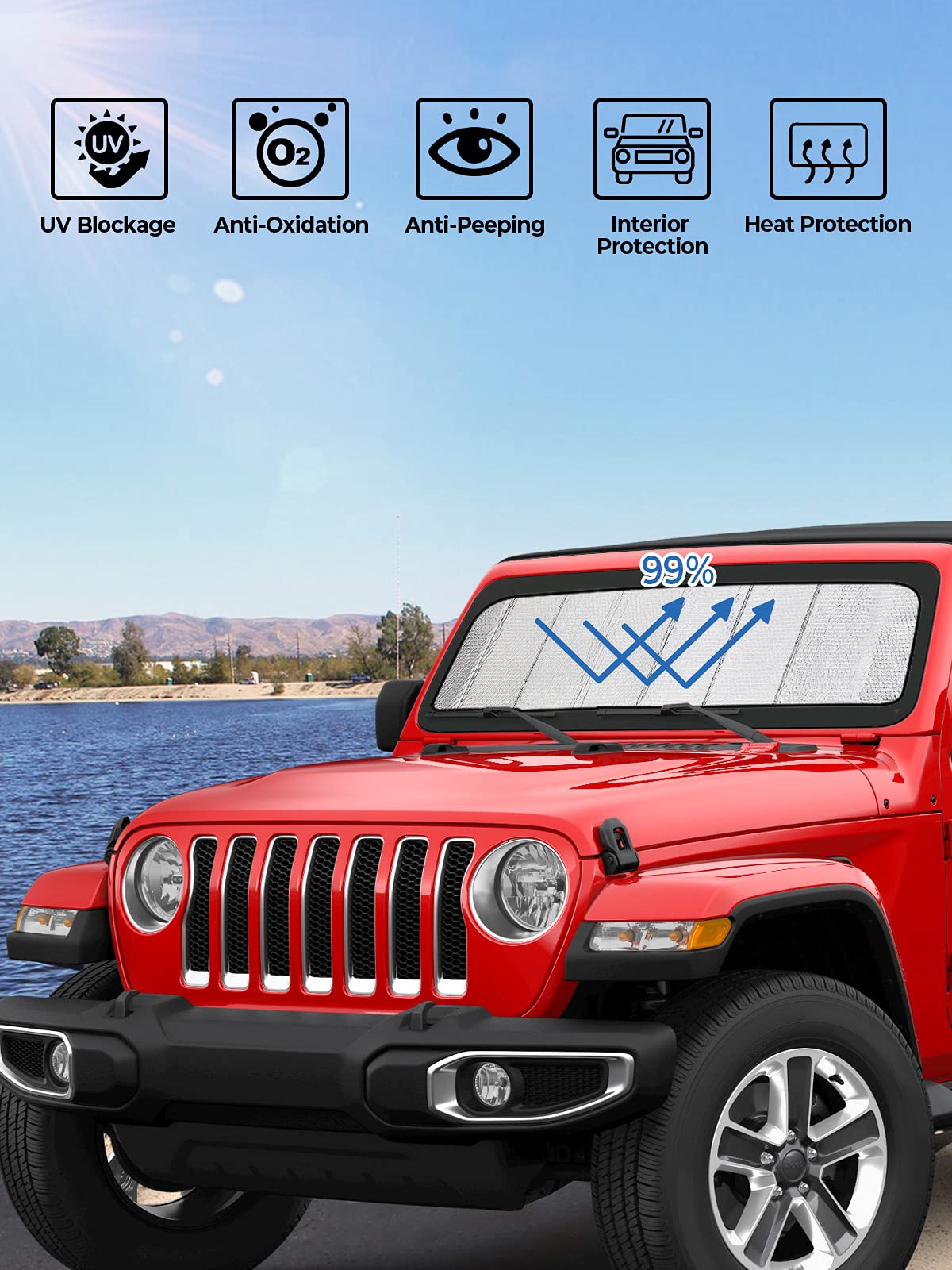 Qmparts Upgraded Windshield Sunshade Compatible With Wrangler Jl & Gladiator Jt, Foldable Sun Visor Windshield Blocks Uv Rays, Window Sun Shade Shield Protector Compatible With Wrangler Jlu 2018-2024