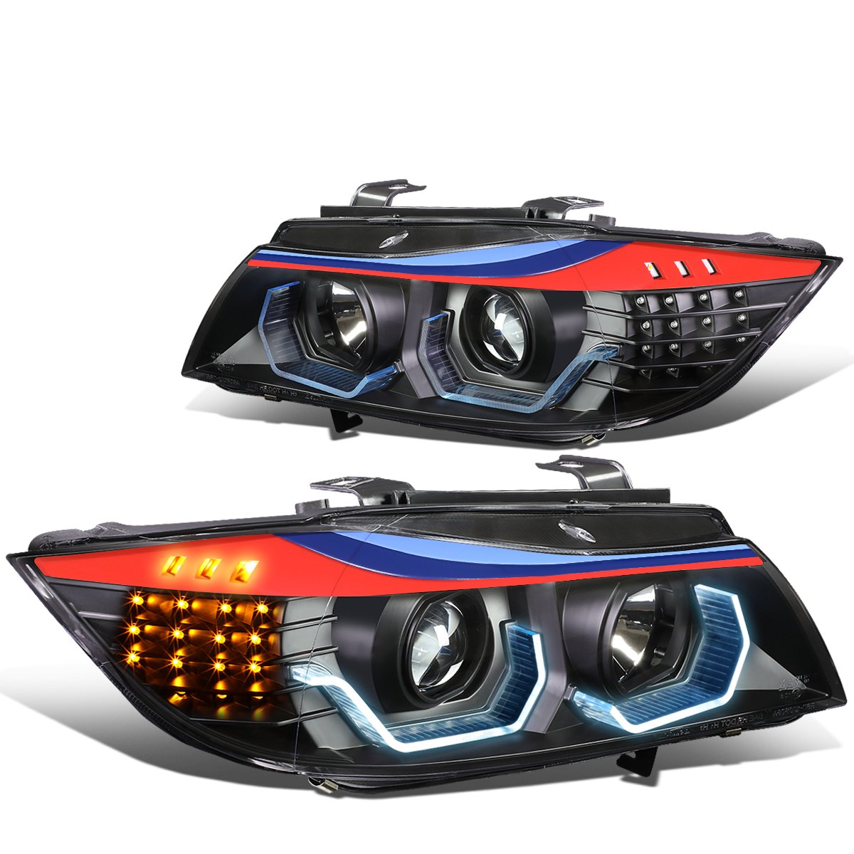 DNA MOTORING HL-3D-E9005-BK-M-NEW M-style Black Housing U-Halo Projector Headlights+Amber Turn Signal Compatible with 05-08 323i