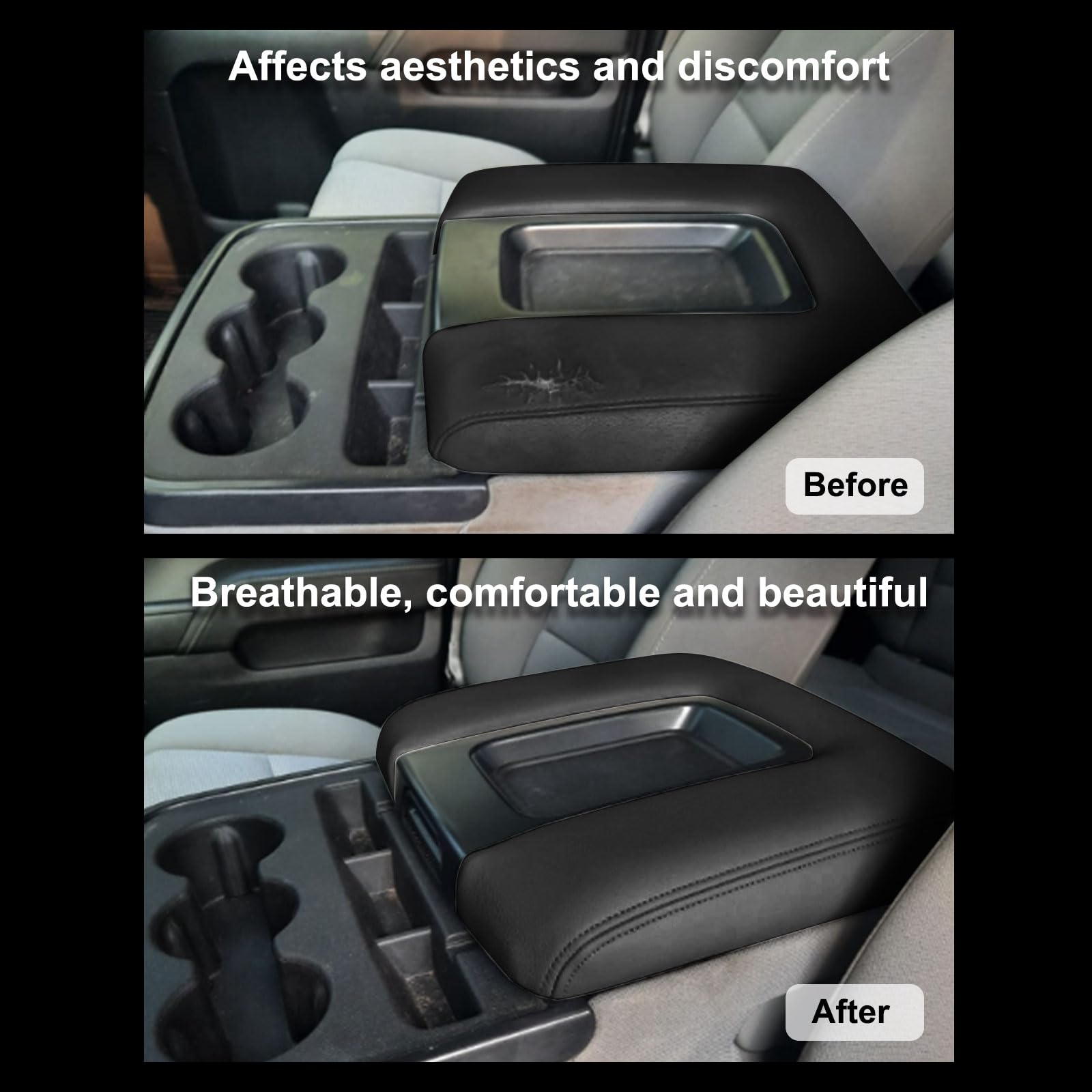 SecosAutoparts Black Leather Center Console Leather Lid Armrest Cover Replacement Gray Stitch Compatible with Chevy Silverado Co