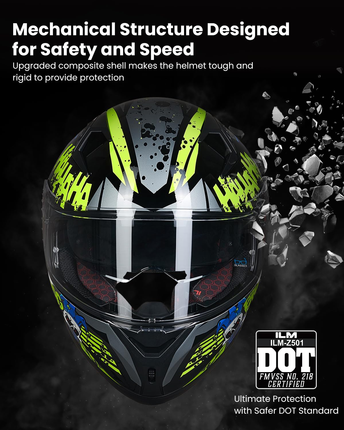 Ilm Motorcycle Helmet Full Face With Pinlock Compatible Clear&Tinted Visors And Fins Street Bike Motocross Casco Dot Model Z501(Surprise Yellow, Xx-Large)