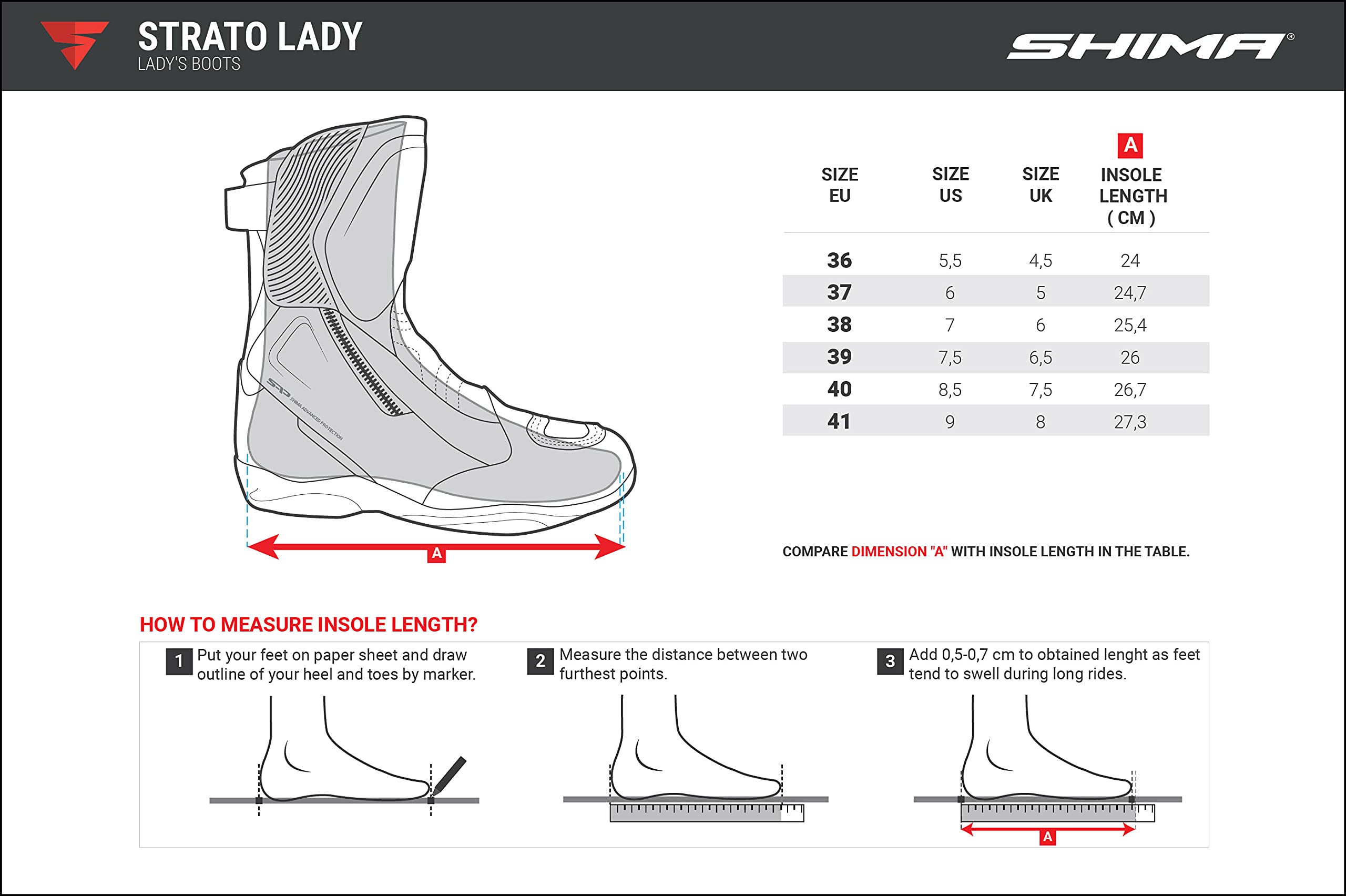 Shima Strato Lady Motorcycle Boots For Women - Vented, Reinforced Lightweight Long Biker Riding Boots With Atop Fast-Closure System, Ankle Protection, Non-Slip Sole, Reflective Panels (Black, 5,5)