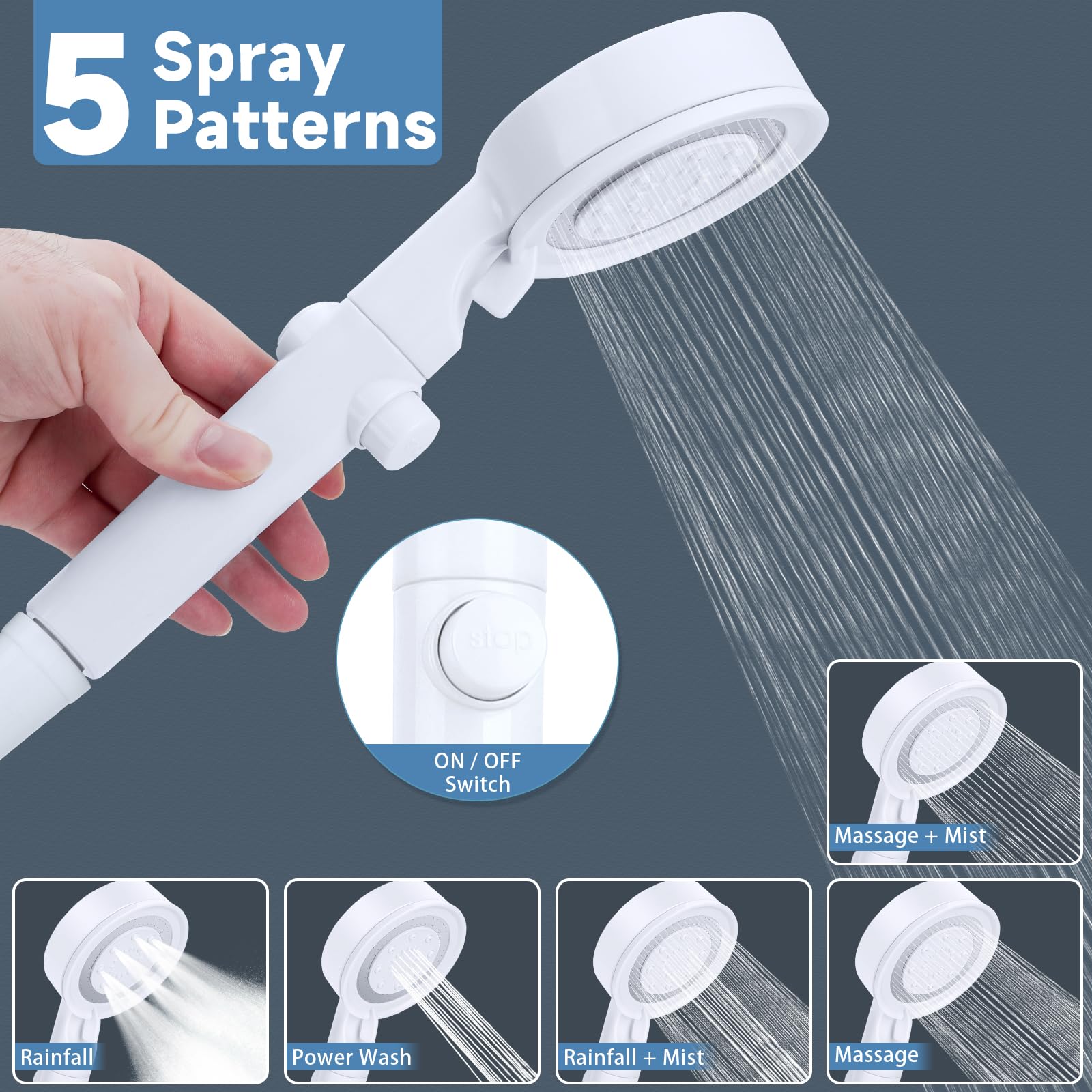Rv Shower Head With Hose, 5+1 Mode High Pressure Shower Head Replacement With On/Off Switch, Water Saving Motorhome Shower Head,