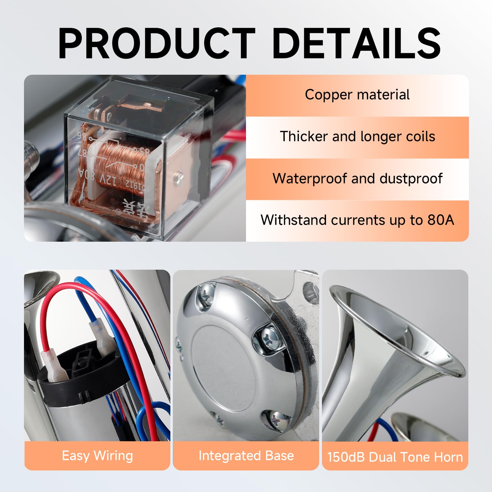 FARBIN 12V Air Horn for Trucks - Dual-Trumpet Chrome with Compressor, Zinc Copper Aluminum, Loud Train Horn