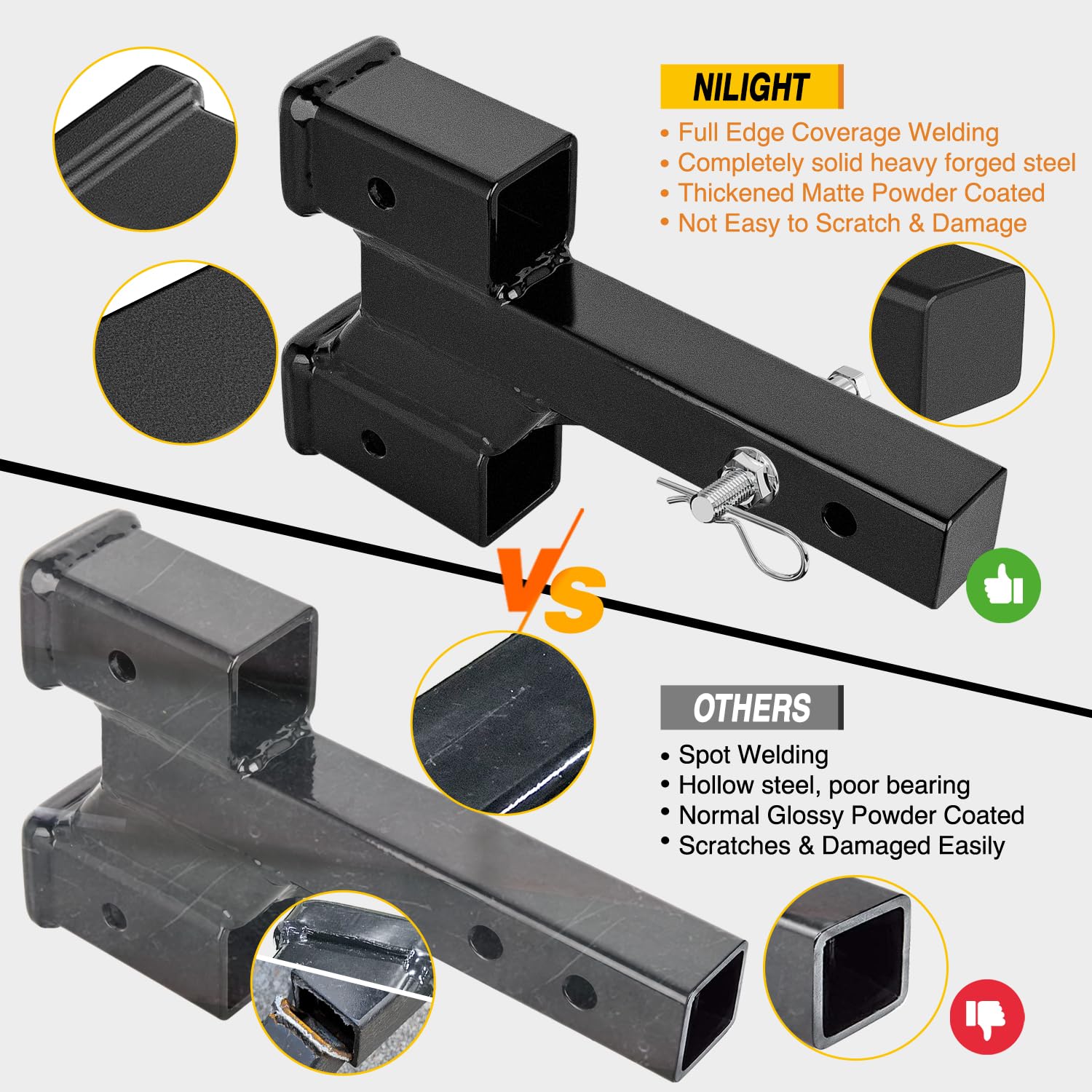 Nilight Trailer Dual Hitch Extender For 2 Inch Receiver With 2'' 4'' Rise Or Drop With Bolt Nut Clip 10,000 Lbs Capacity Adjusta