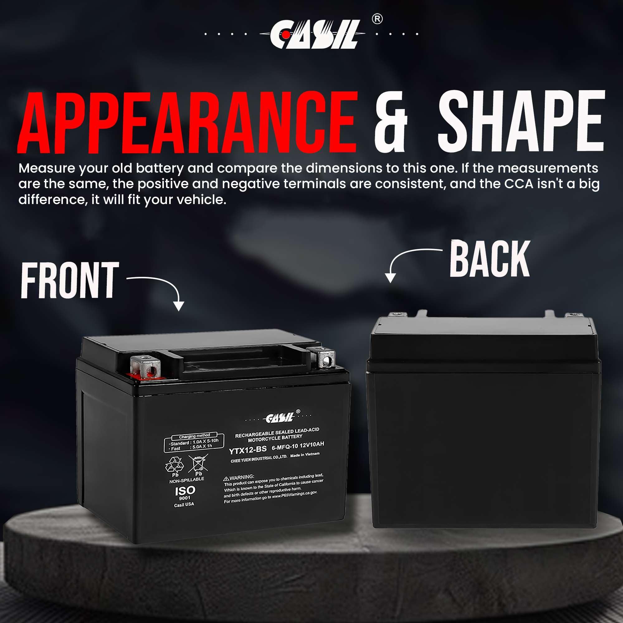 Ytx12-Bs Battery 12V 10Ah 180 Cca - High Performance Agm Sla Power Sport Battery By Casil