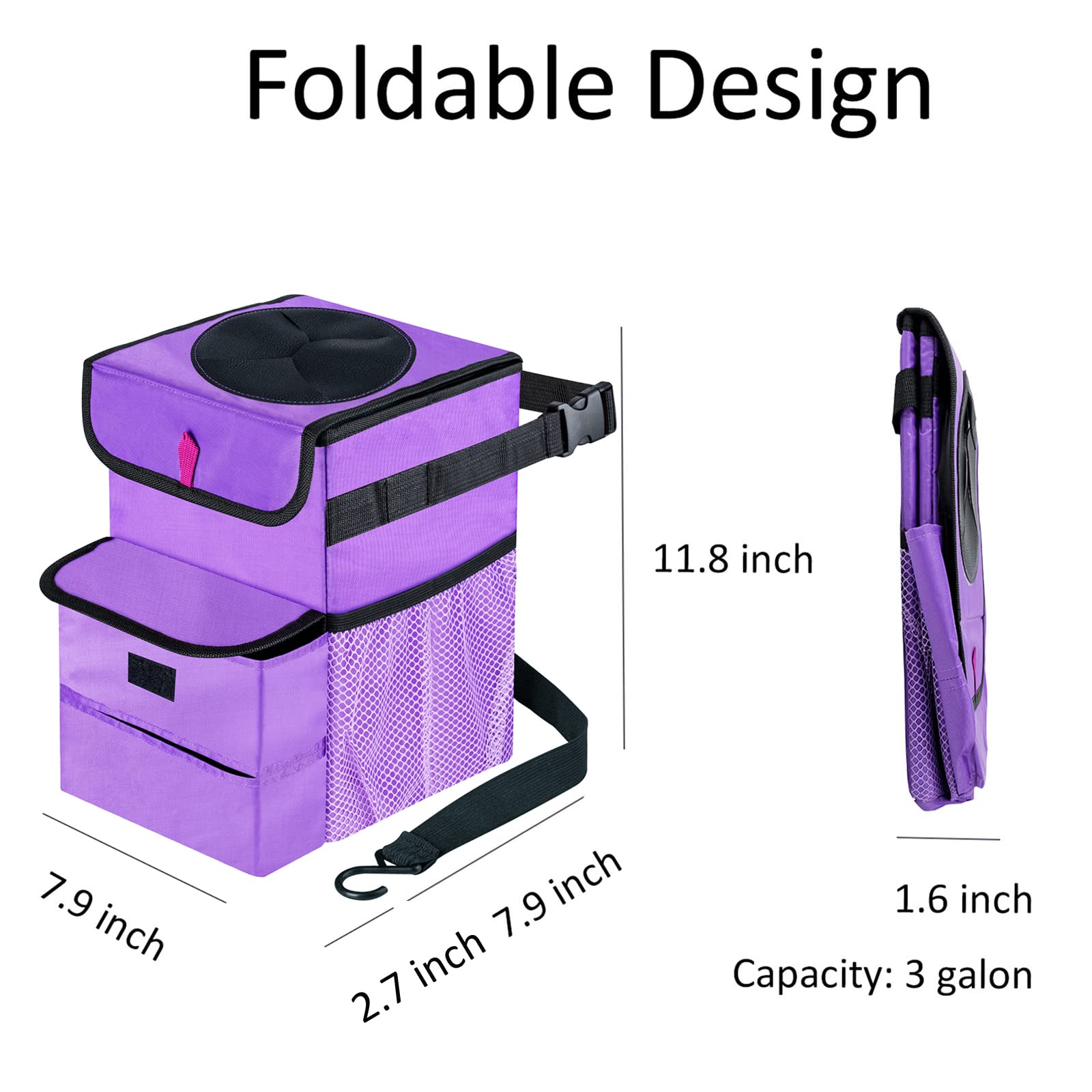 GPUSFAK Foldable Car Trash Can, 3 Gallons, Leakproof Nylon, Large, Purple, Model GPA002