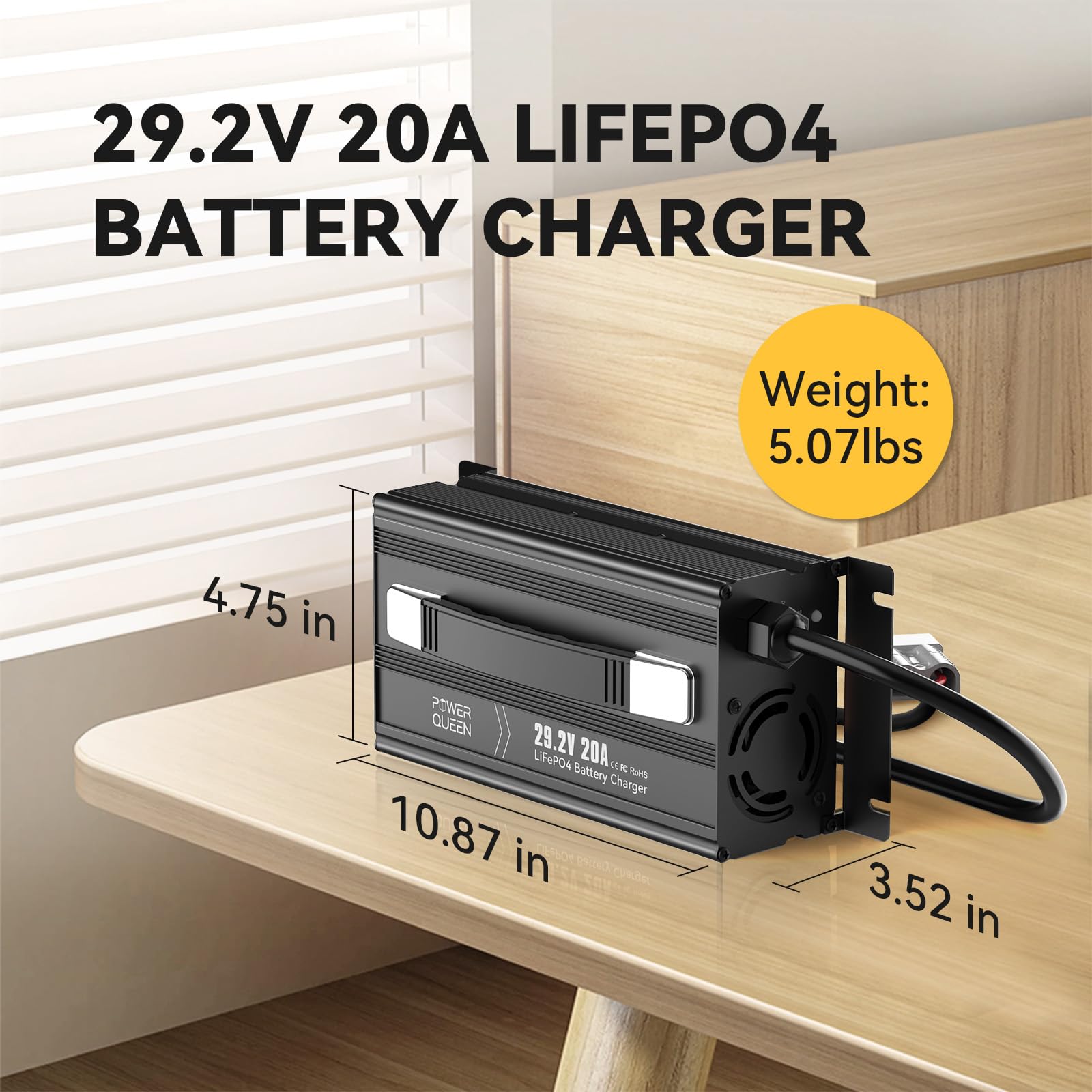 Power Queen 29.2V 20A Lithium LiFePO4 Battery Charger - Fully Automatic, Smart Design, Black, Model 25.6V