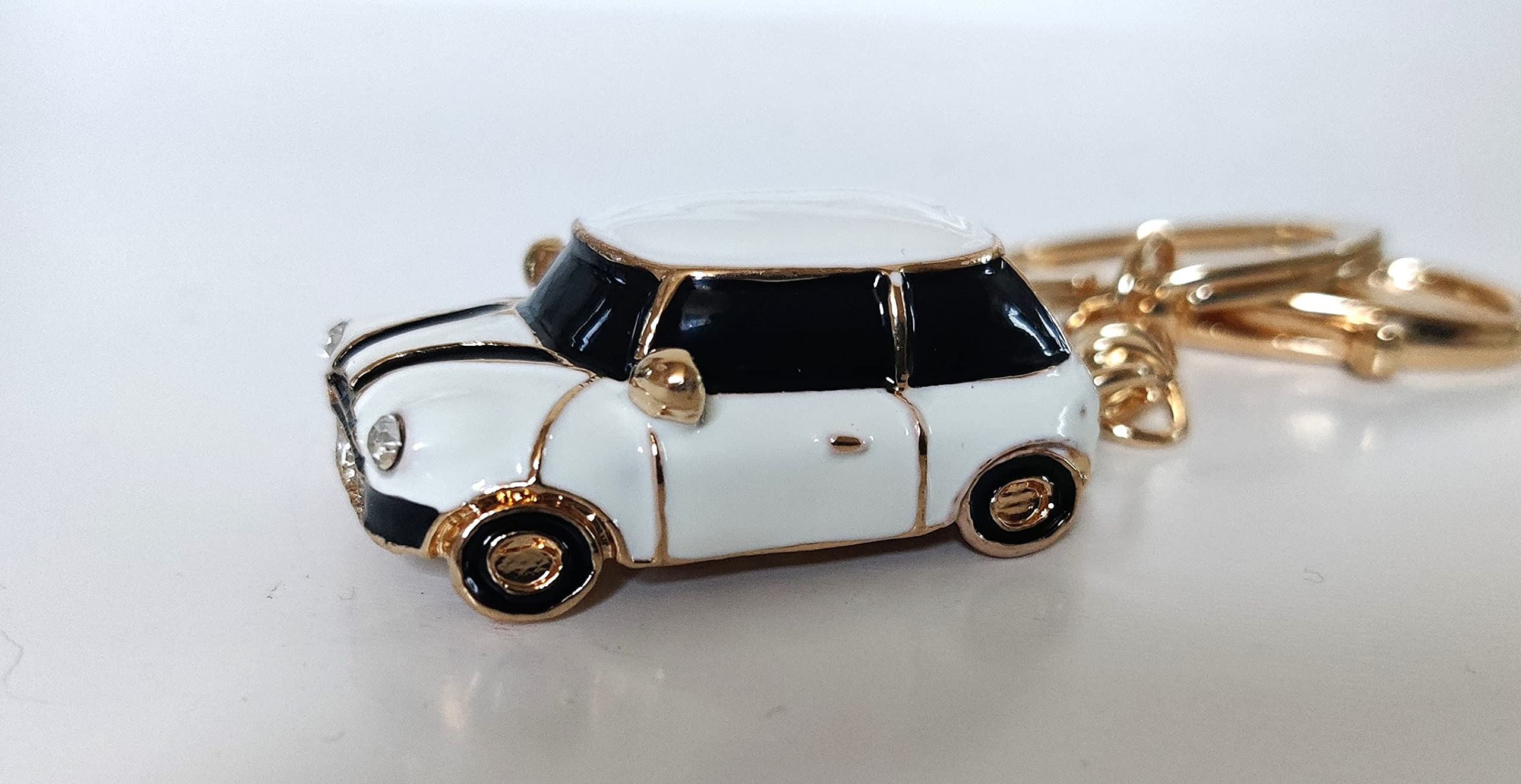 RK Gifts Mini Car Keychain - Rhinestone Detail, Small Size, Metal, White with Gold Trim