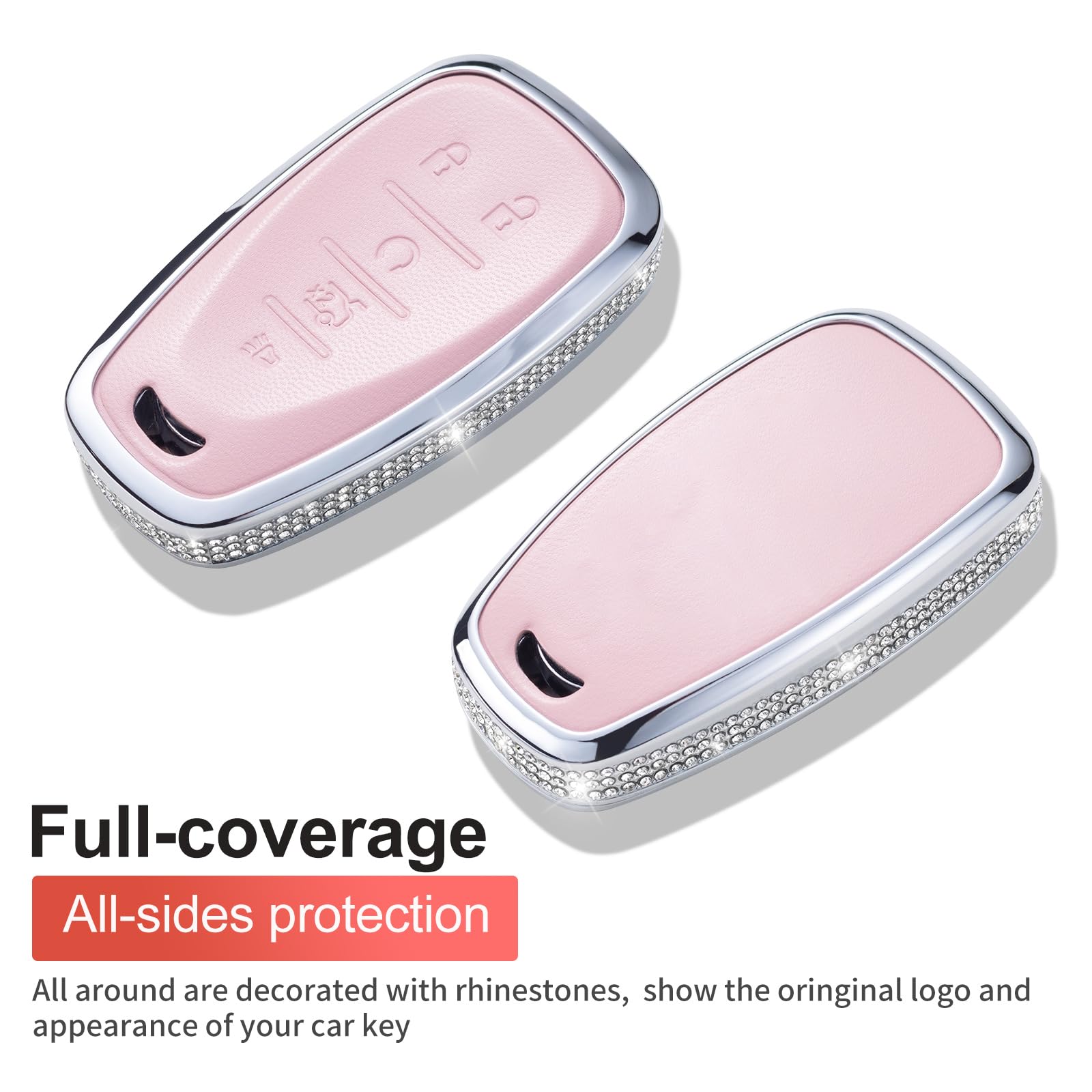 Ruabiban For Chevy Key Fob Cover With Keychain, Pink Leather Key Case Protection Shell Fit For Chevrolet Equinox Malibu Cruze Ca