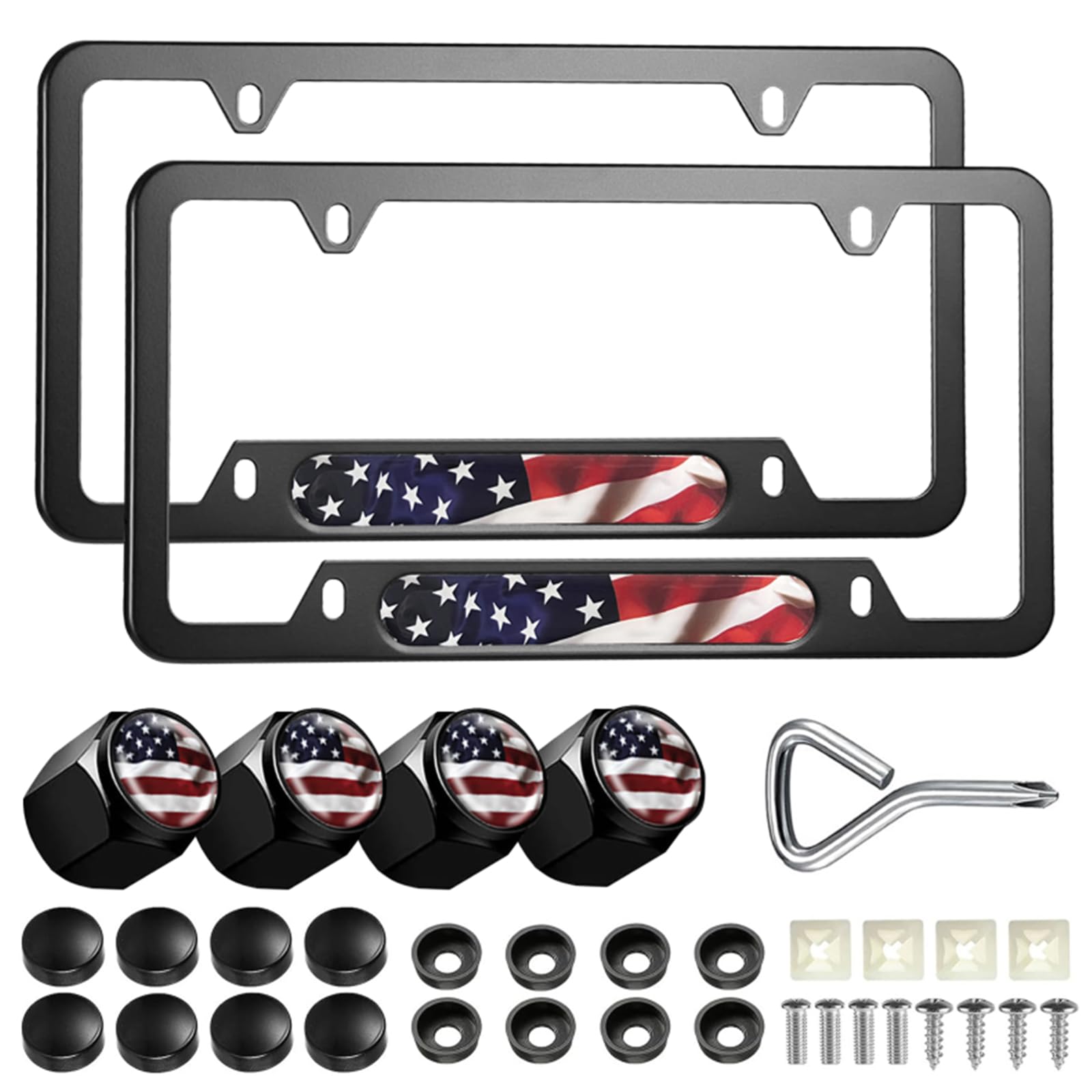 American Flag License Plate Frames - 2 Pack Patriotic Aluminum Metal Flying US Flag Car Tag Plate Frame Holder Covers with 4 Flu