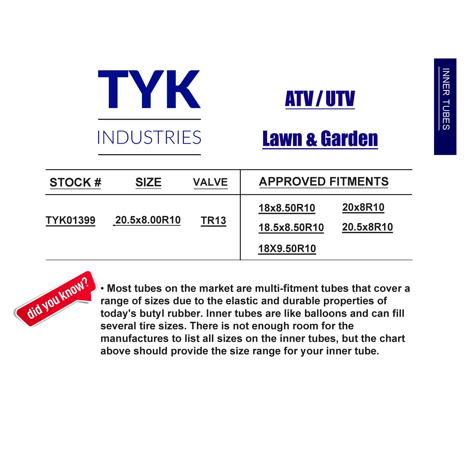 TYK Industries Lawn Mower Tire Inner Tube TR13, Replacement 18X8.50-10 for Yard Tractors & Trailers, 1 Piece