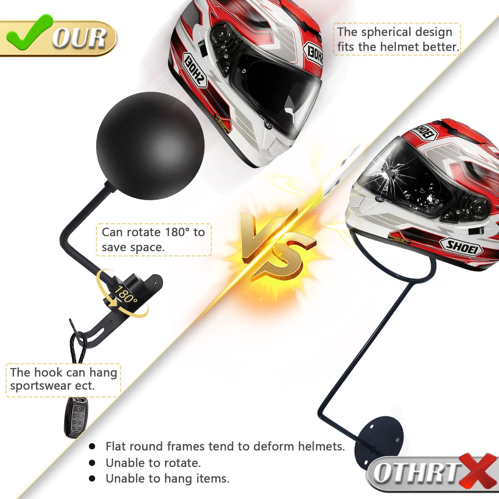 Kikerike Motorcycle Helmet Rack Wall Mount - 180° Rotation Metal Holder, Black, 2 Pcs, Ideal for Bike, Baseball & Rugby Helmets