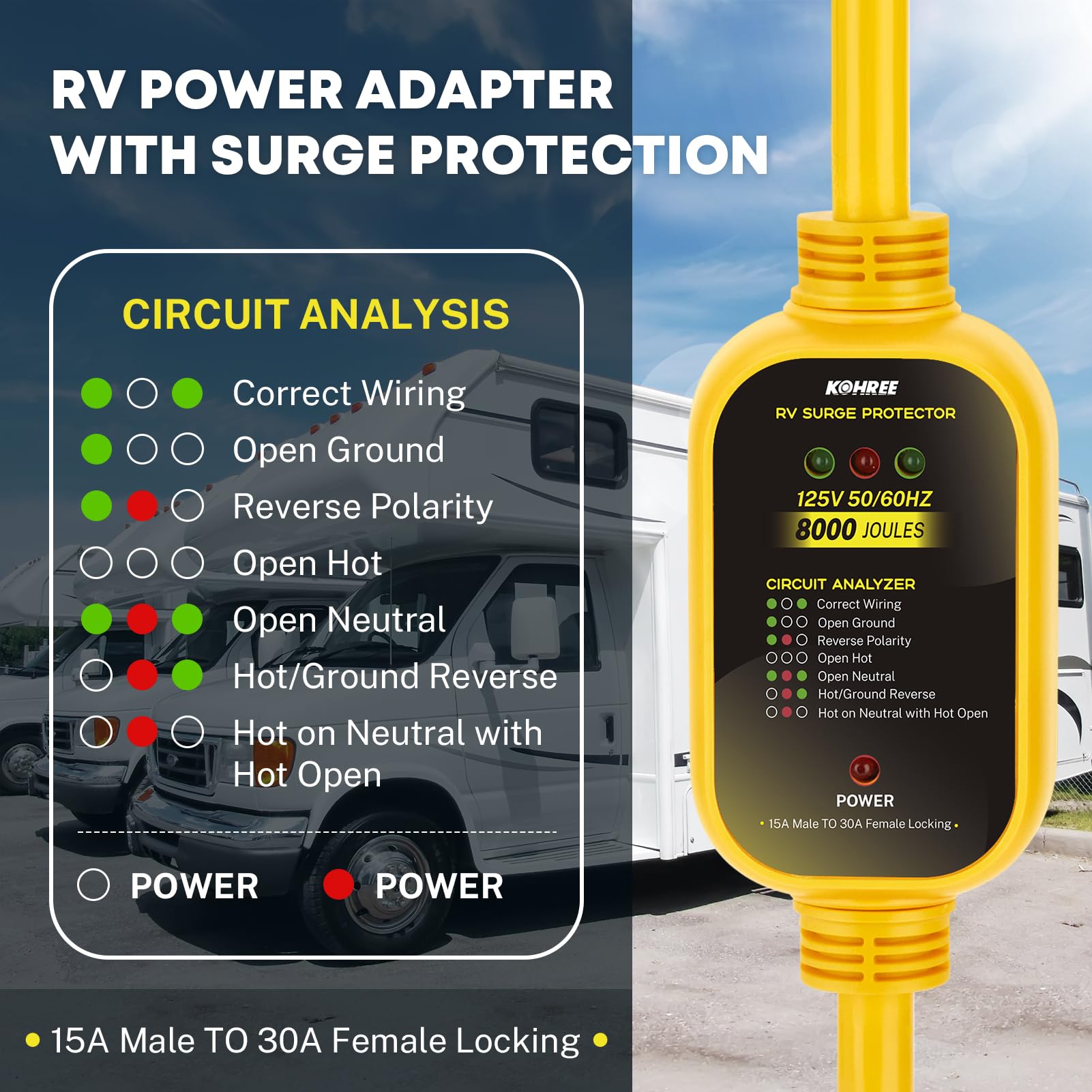 Kohree RV Power Adapter 30 Amp to 110V with Surge Protection, 21" Twist Lock, Model KR6443, Yellow, Circuit Analyzer with LED Indicators