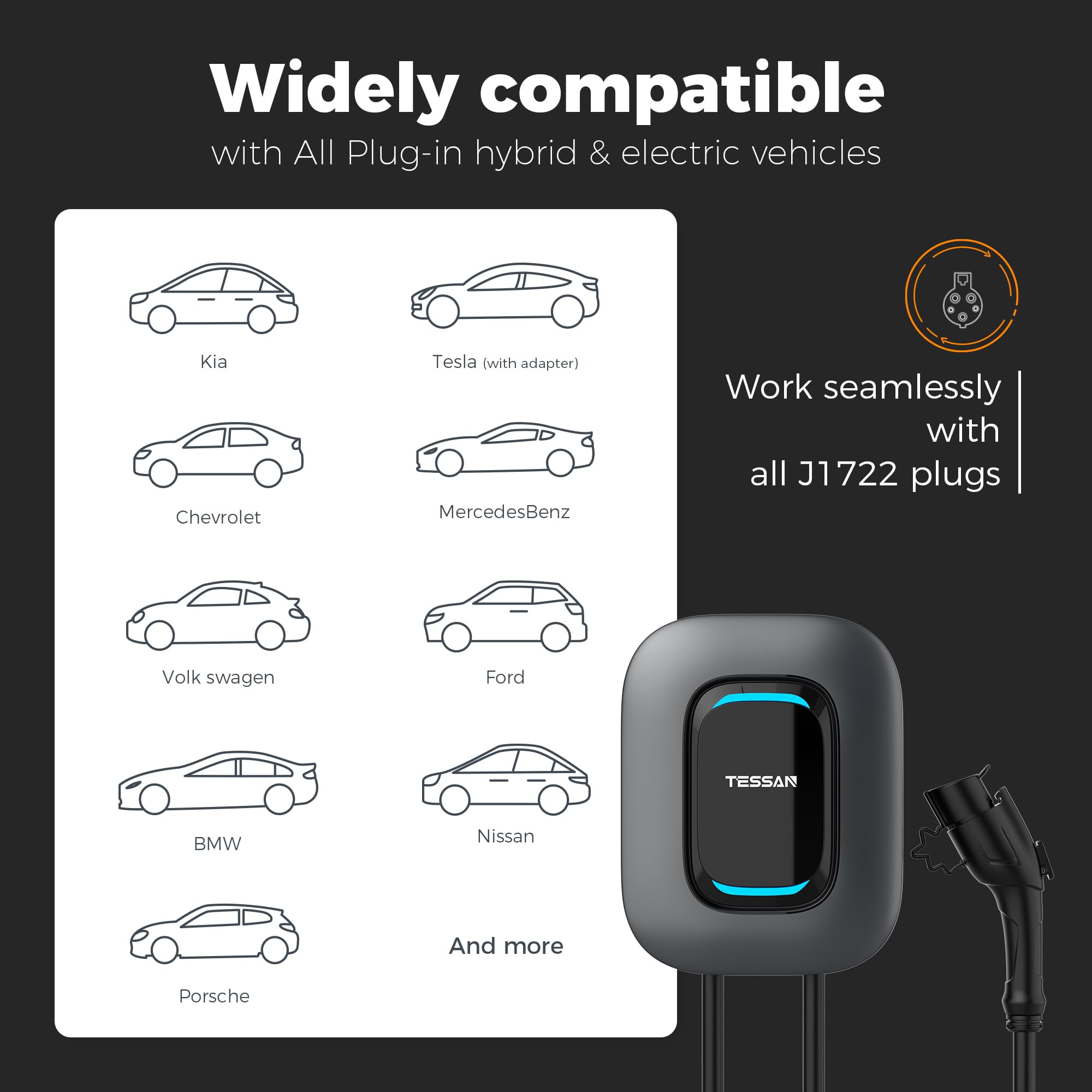 TESSAN EV Charger Level 2, 40A/240V Electric Vehicle Fast Charging Station for Home, Electric Car Charger Equipment 25ft Cable w