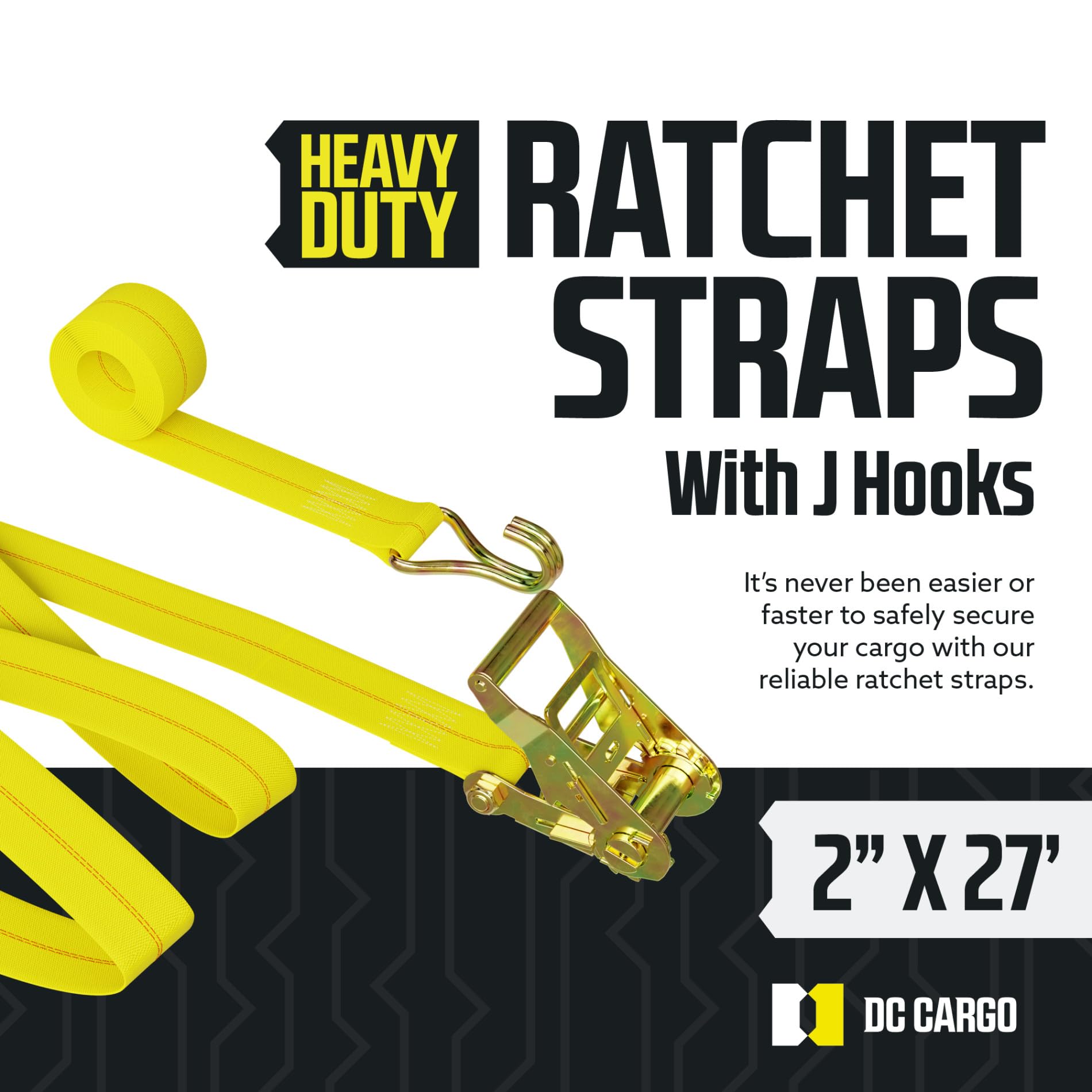 DC Cargo Tie-Down Ratchet Straps J-Hooks, (Pack of 4) Heavy Duty 2'' x 27' Tie-Down Ratcheting Cargo Truck Straps Wire Hook Ends
