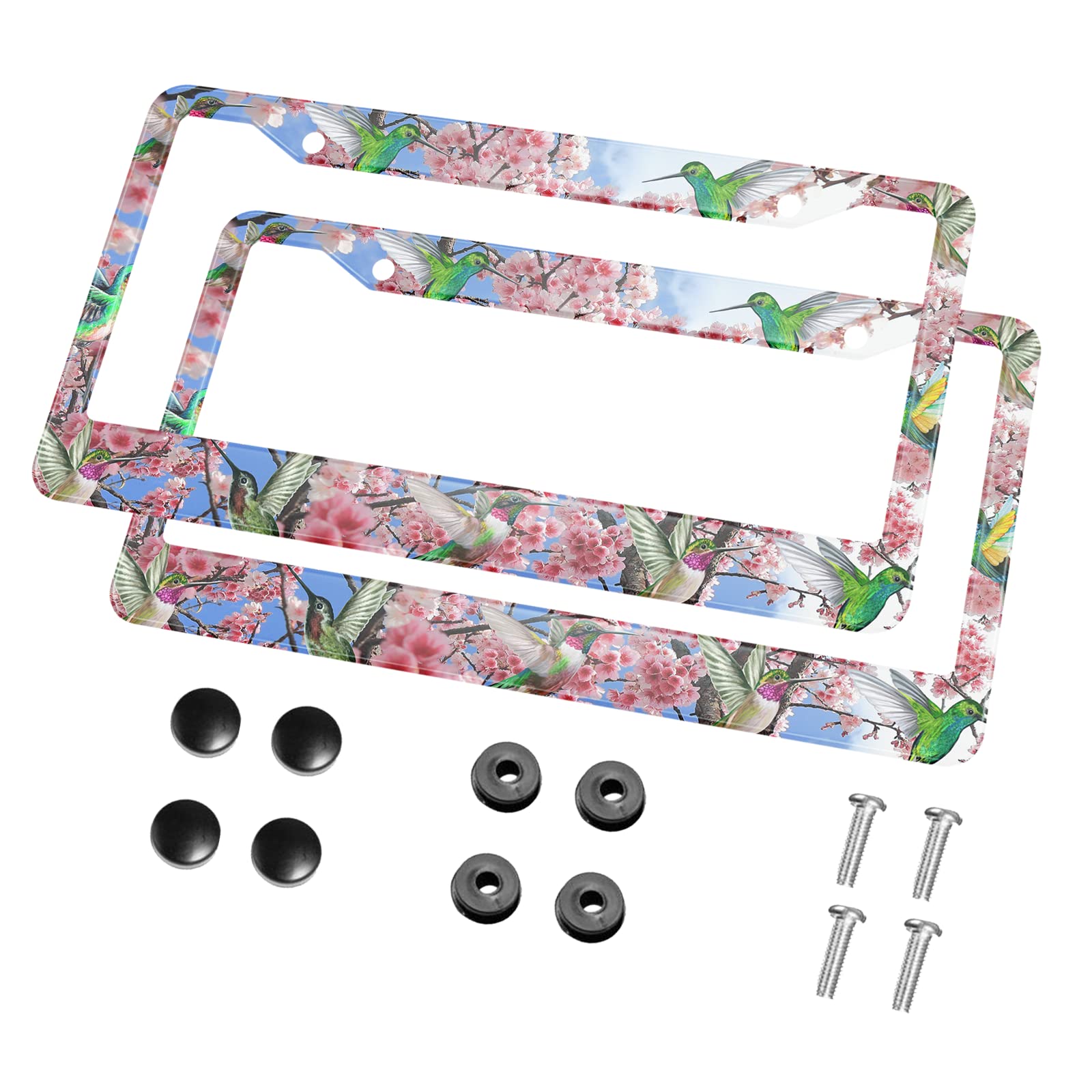 HOSNYE Hummingbirds License Plate Frame Black 2 Pcs Among The Peach Blossom Trees Metal Cute Licenses Plates Frames Licenses Pla