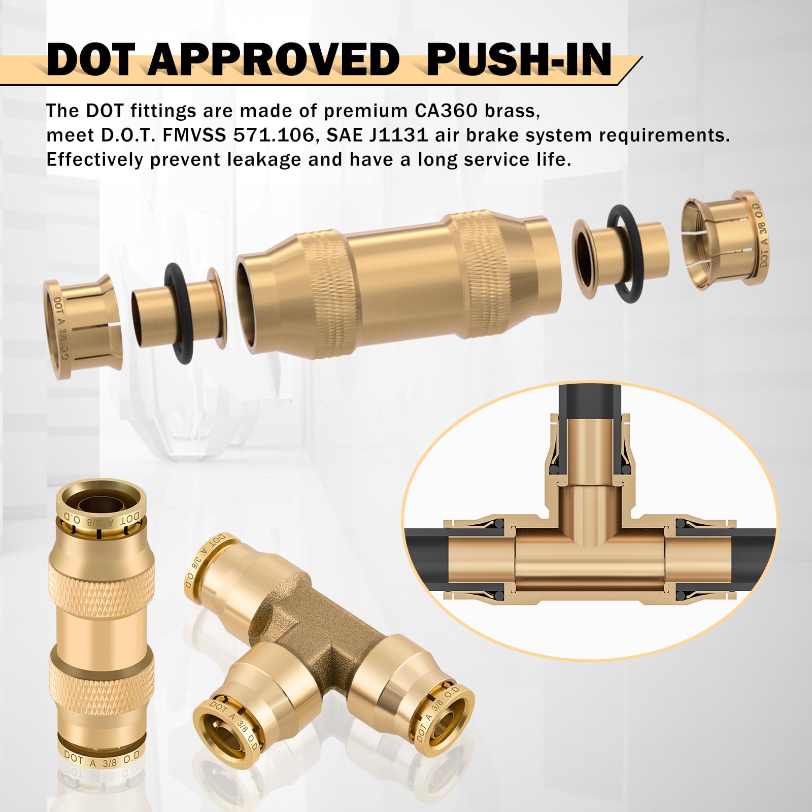 CheeMuii Brass DOT Air Line Fittings Kit - 35PCS Quick Connect for Semi Truck Trailers - Straight & Tee Unions, Gold
