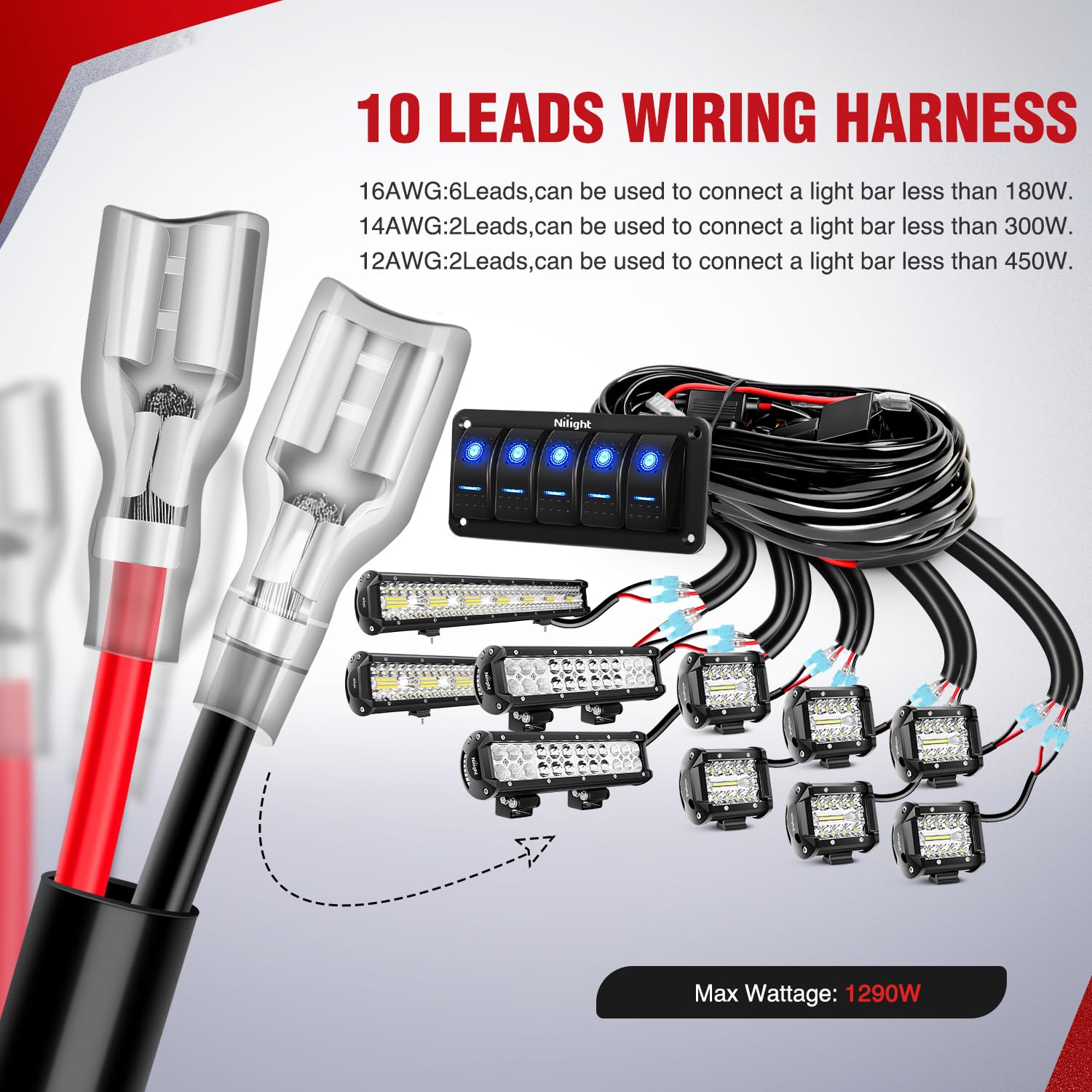 Nilight 16Awg 14Awg 12Awg Led Light Bar Wiring Harness Kit 12V On/Off 5 Gang Rocker Switch Panel Power Relay Blade Fuse 5Pin Tog