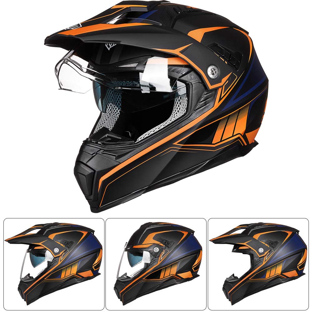 Ilm Off Road Motorcycle Dual Sport Helmet Full Face Sun Visor Dirt Bike Atv Motocross Casco Dot Certified Model 606V(Orange, S)