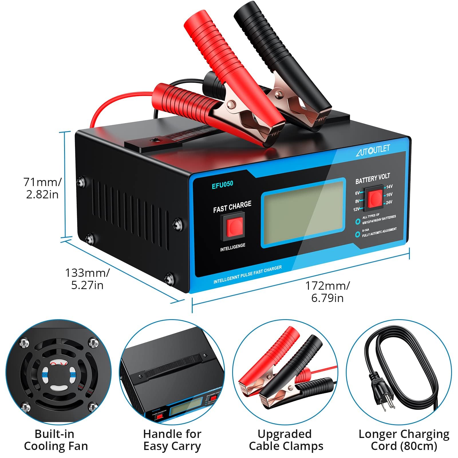 AUTOUTLET 8V Automotive Battery Charger & Maintainer, 0-10A, Upgraded Cable Clamps, Blue, Model EFU051euITE