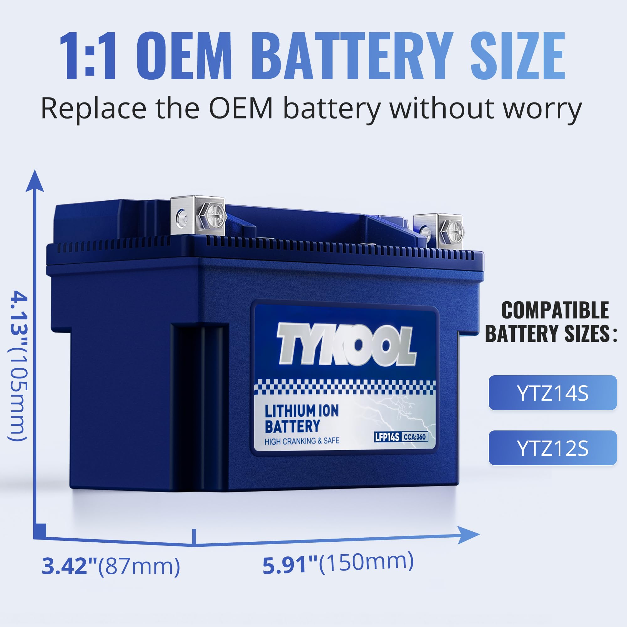 Tykool Ytz14S/Ytz12S High Performance Lithium Lifepo4 Motorcycle Battery,12V 6Ah,360Cca, Digital Readout, Built In Bms, Compatib