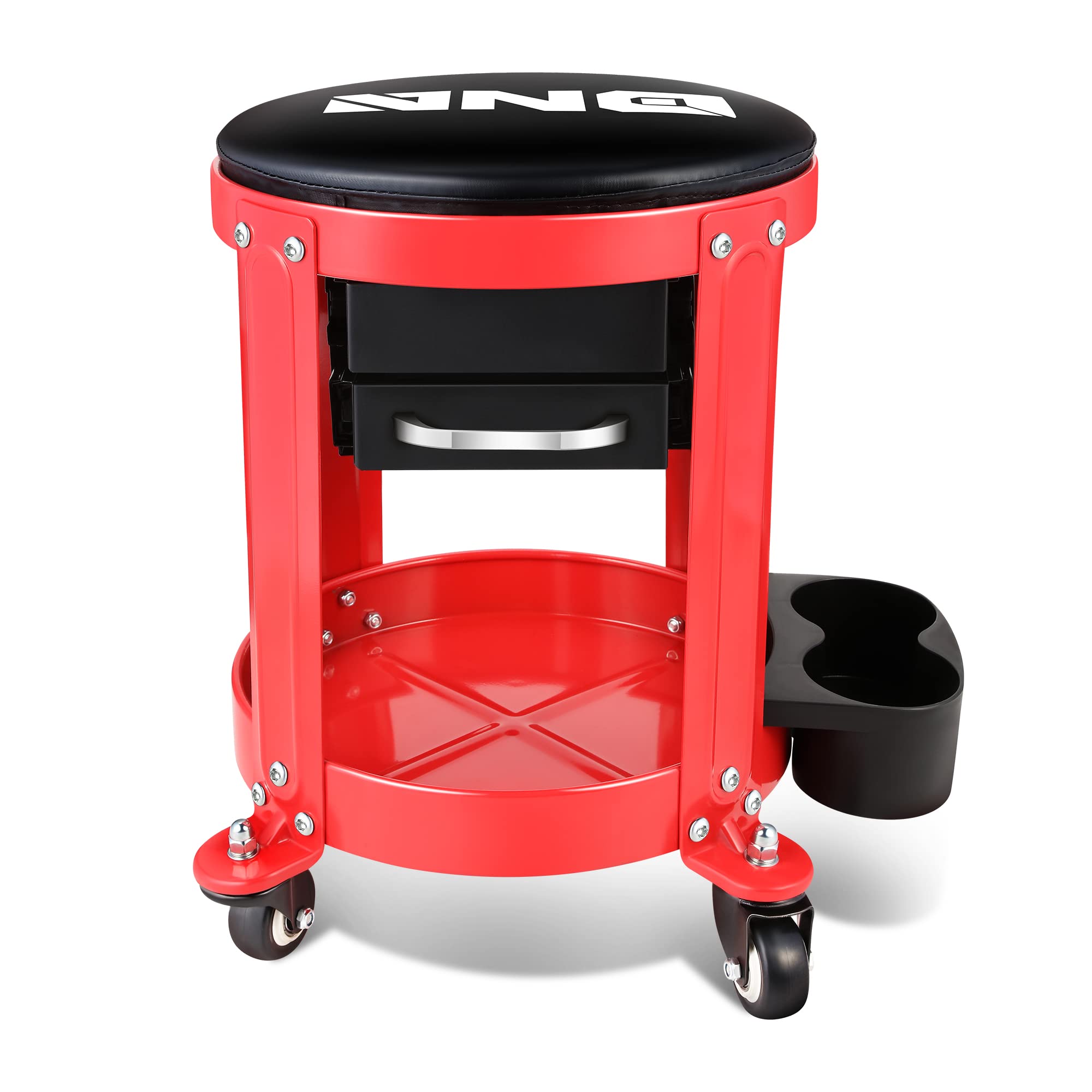Dna Motoring Tools-00197 Round Mechanics Roller Seat Creeper Stool With Padded Cushion, Tool Storage Drawer & Tray, 300 Lbs Max