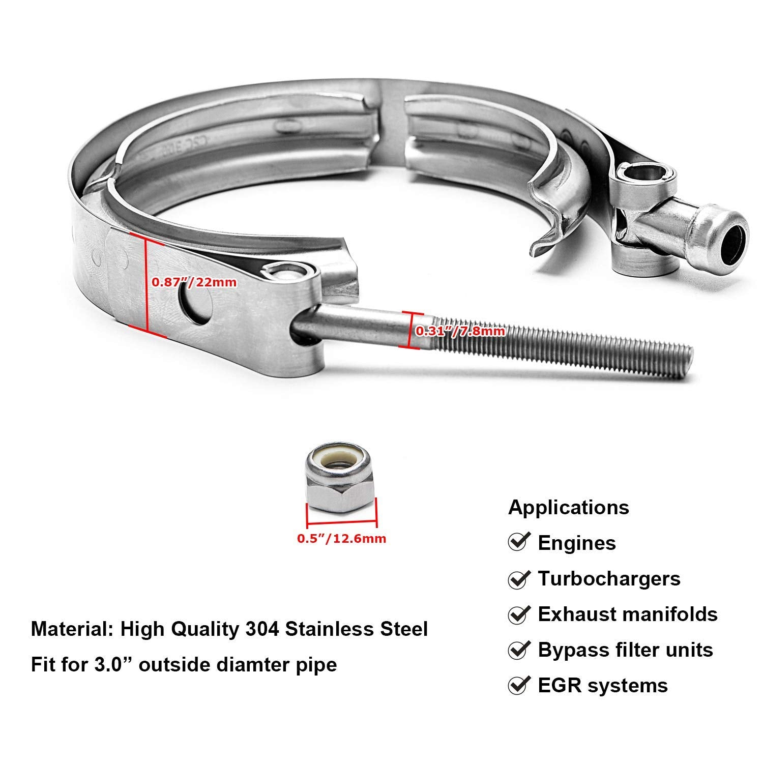PTNHZ Universal Stainless Steel 3.0'' V Band Clamp For Turbo, Downpipes, Exhaust Systems(2.0''/2.5''/2.75''/3.0''/3.25''/3.5''/4