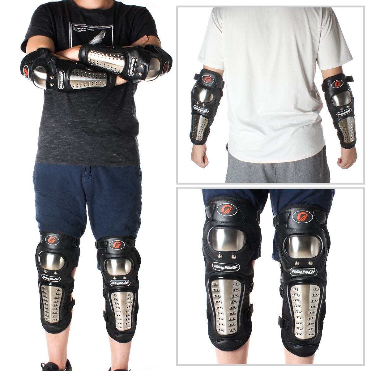 GES Knee Pads Motorcycle - 4Pcs Adults Alloy Steel Motorcycle ATV Motocross Elbow Knee Shin Guards Protector Motocross Racing/Ad