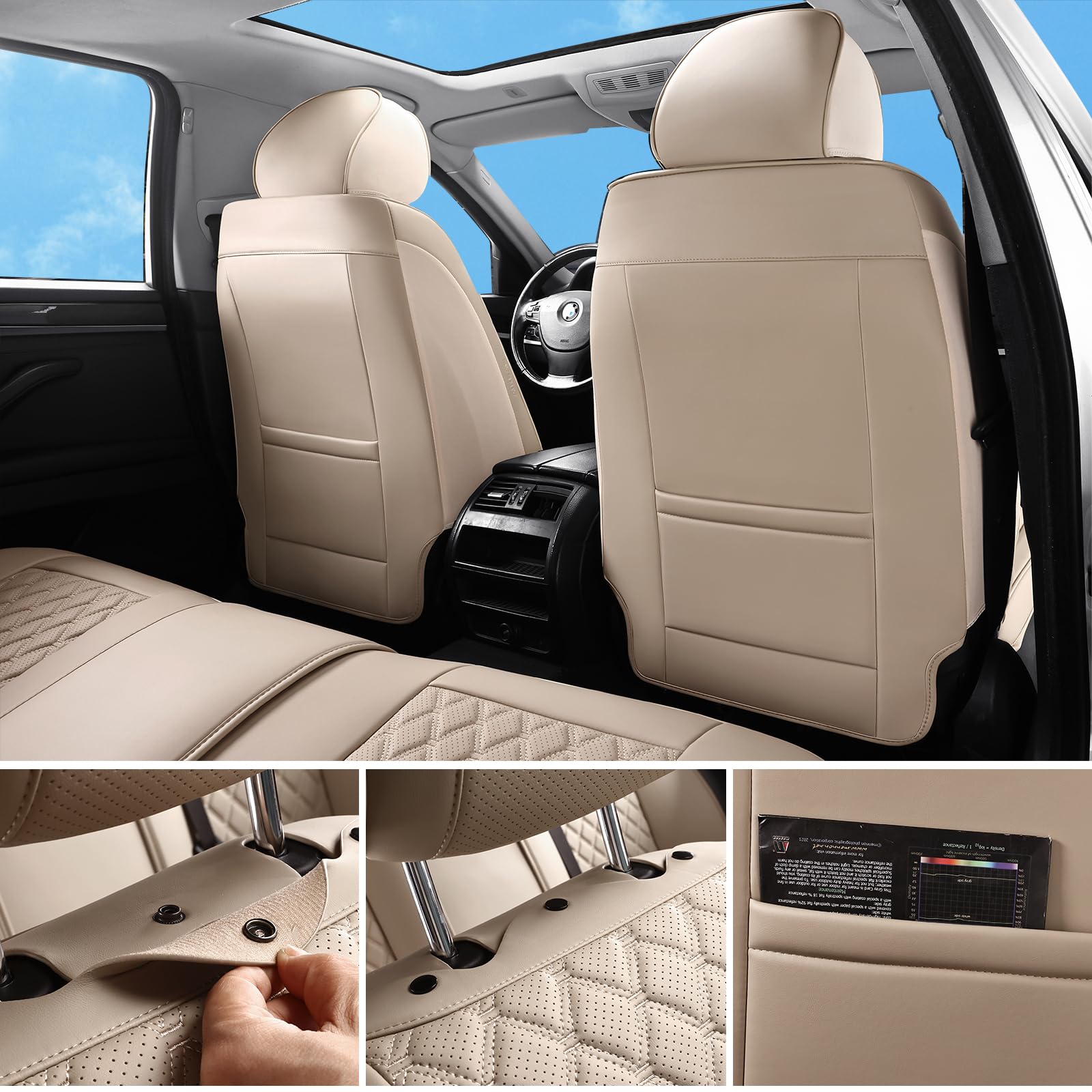 Sxikin Faux Leather Car Seat Covers Full Set, Beige, Waterproof Non-Slip, Universal Fit for Cars, SUVs, Trucks - Model SK Cover 01