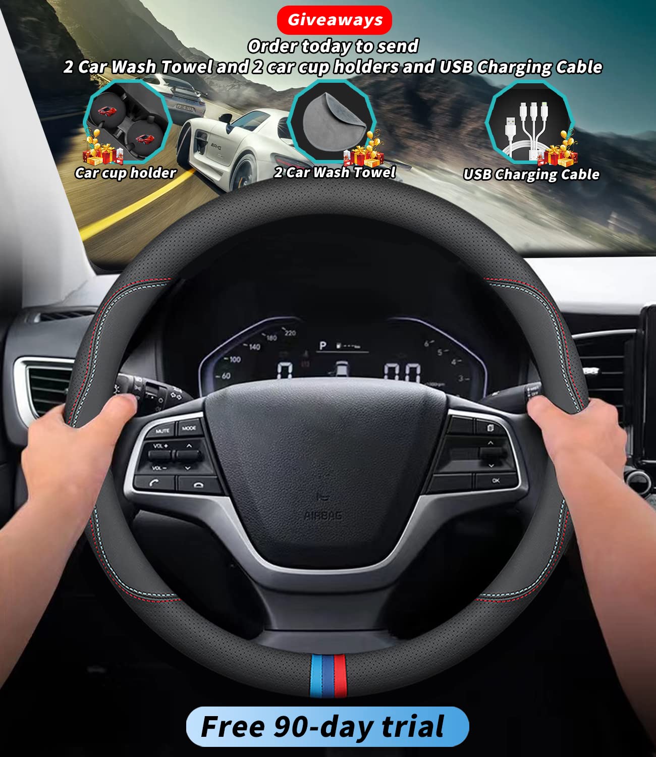 Deer Route Premium Leather Steering Wheel Cover for Mazda, Non-Slip, Breathable, C-Style, Model FangXiangCover-816079