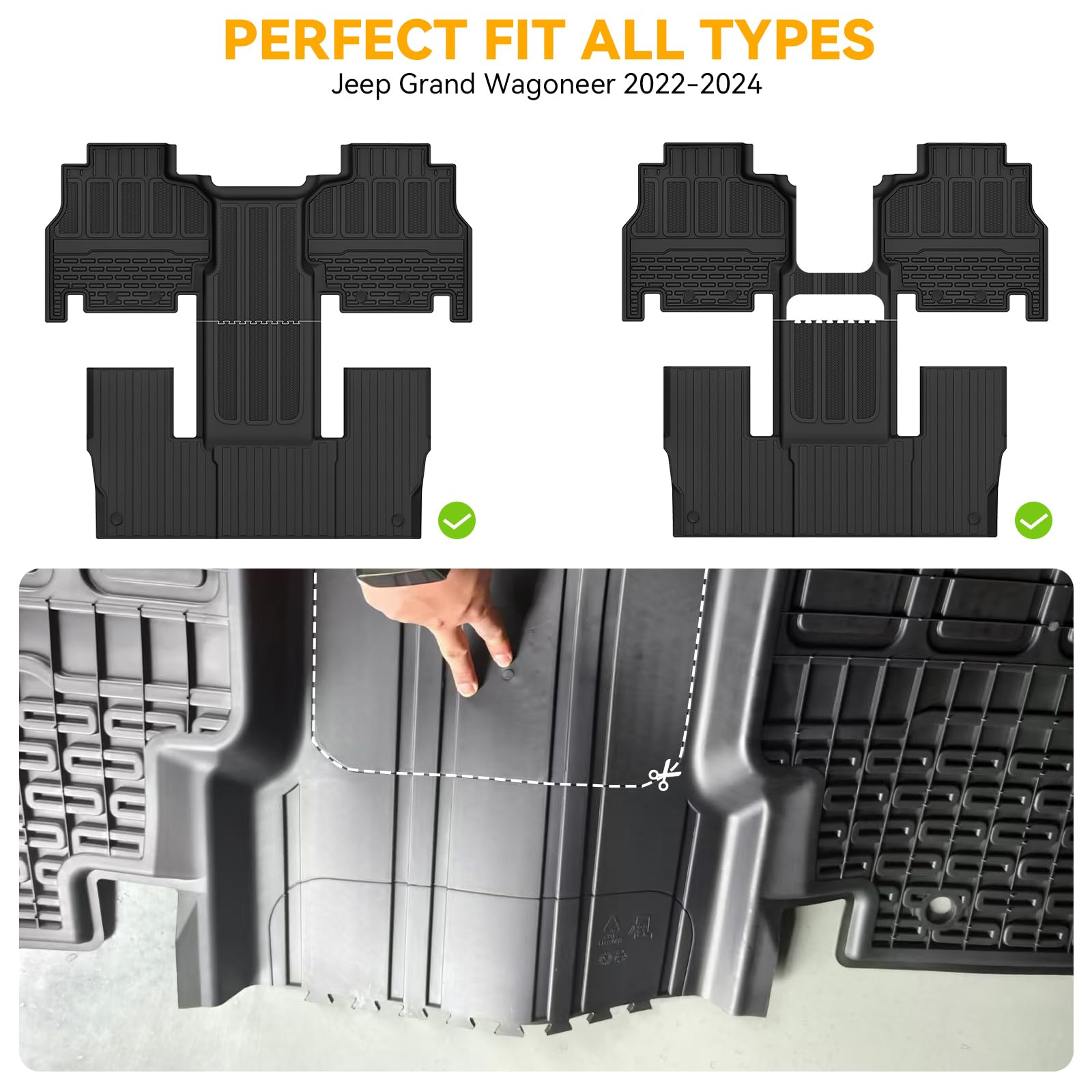 3W Floor Mats & Cargo Liner Fit For Jeep Grand Wagoneer 2022 2023 2024 2025 8 Seat (Not Fit For L Or 7 Seat), Tpe Custom Fit Wag