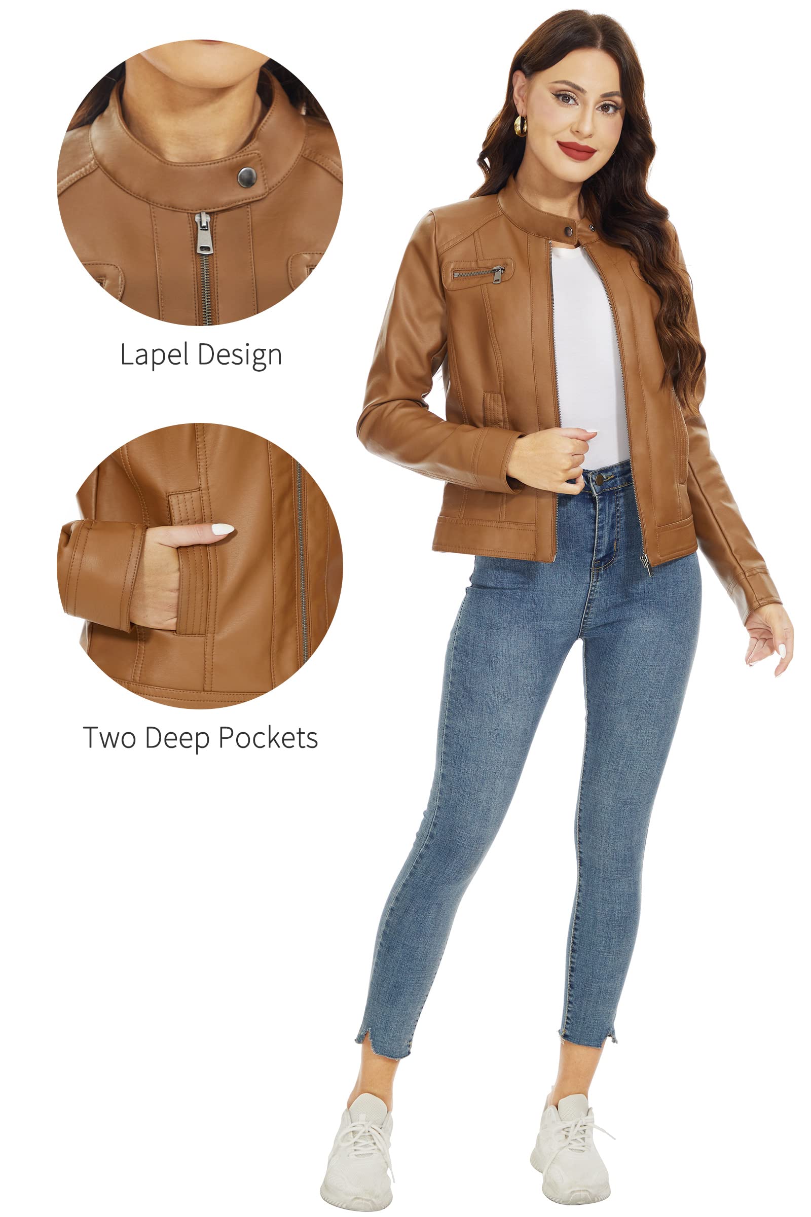 Fahsyee Womens Faux Leather Jackets, Zip Up Motorcycle Short Pu Moto Biker Outwear Fitted Slim Coat Size Xxl Camel