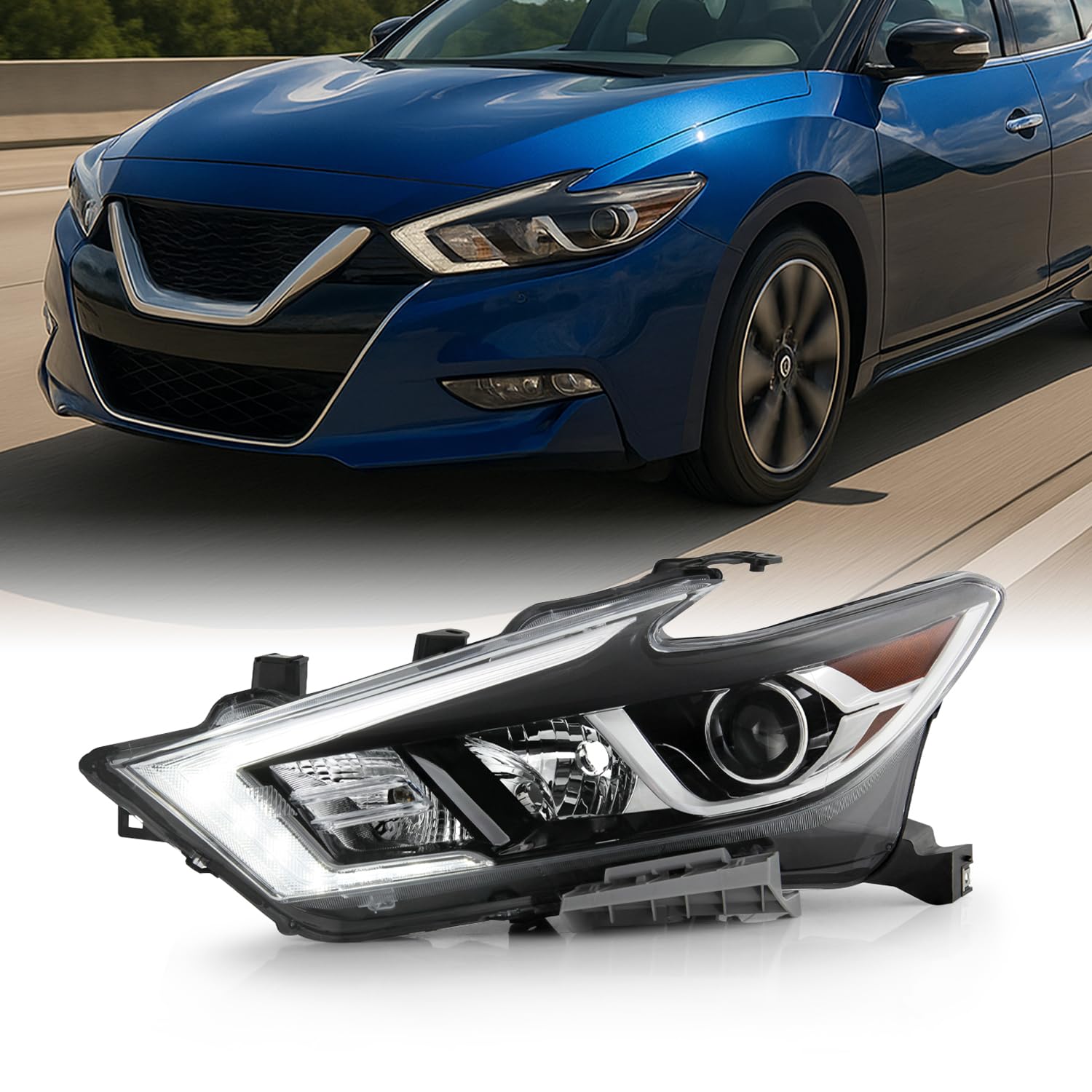 AKKON - Fits 2016-2018 Maxima S | SL | SV [Halogen Type] DRL LED Running Turn Signal Chrome Headlight Driver Left Replacement