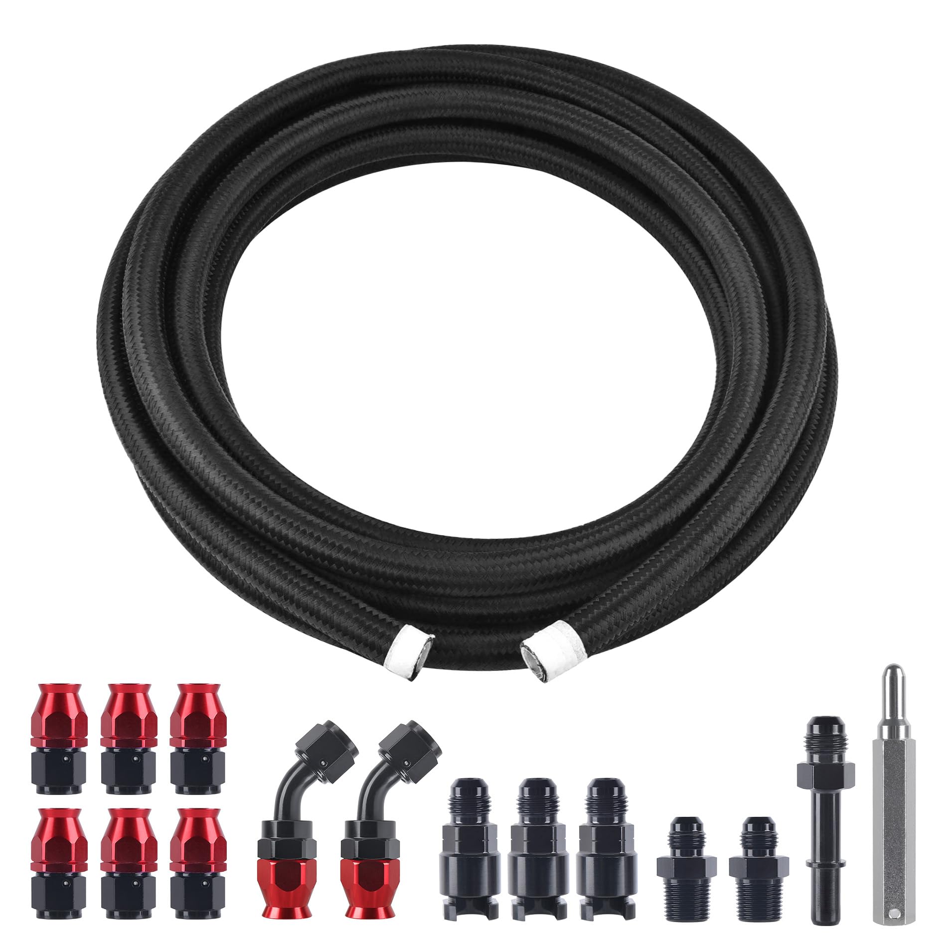 EVIL ENERGY 6AN 3/8 PTFE LS Swap EFI Fuel Line Fitting Kit, E85 Nylon Braided Fuel Hose 25FT Black & Red