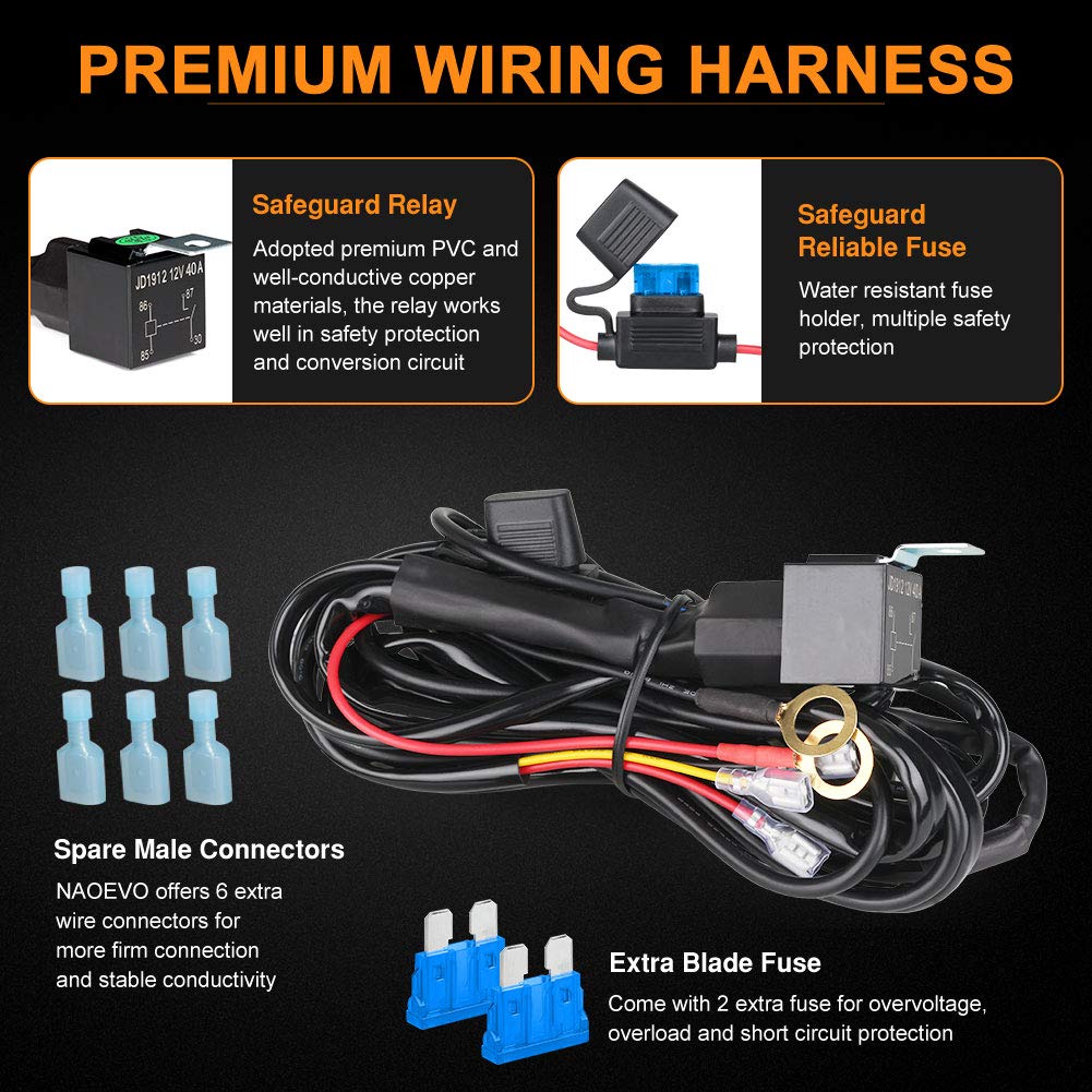 NAOEVO 12FT Wiring Harness for 6 Modes LED Light Bar, 12V 40A Relay, 2 Leads, Durable ABS Material