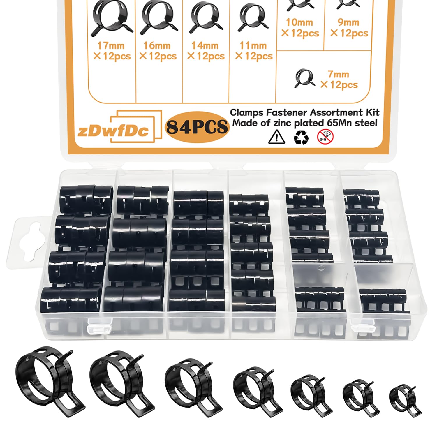 84PCS 7-17mm Fuel Line Hose Clamps Spring Clamp Firmware Silicone Vacuum & Automotive Replacement Fastener Sorting Kit, Black Ma
