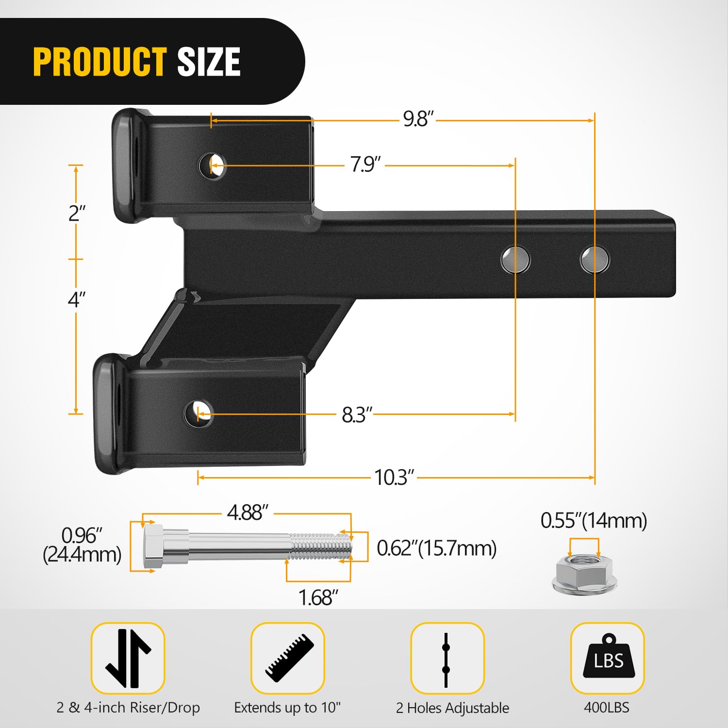 Nilight Trailer Dual Hitch Extender For 2 Inch Receiver With 2'' 4'' Rise Or Drop With Bolt Nut Clip 10,000 Lbs Capacity Adjusta